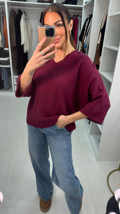 Evaline Button Detailed 3/4 Sleeve V Neck Jumper