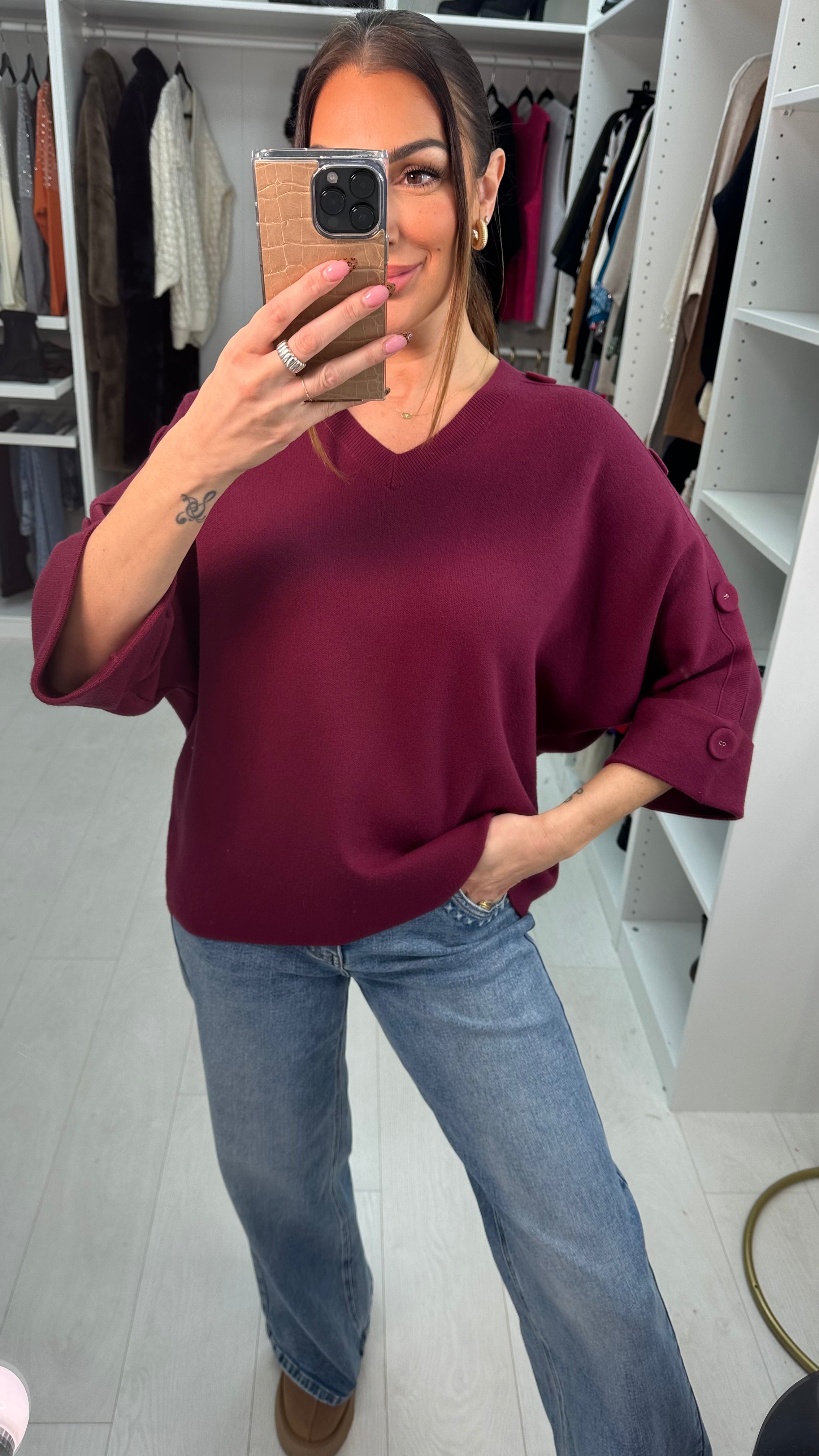 Evaline Button Detailed 3/4 Sleeve V Neck Jumper