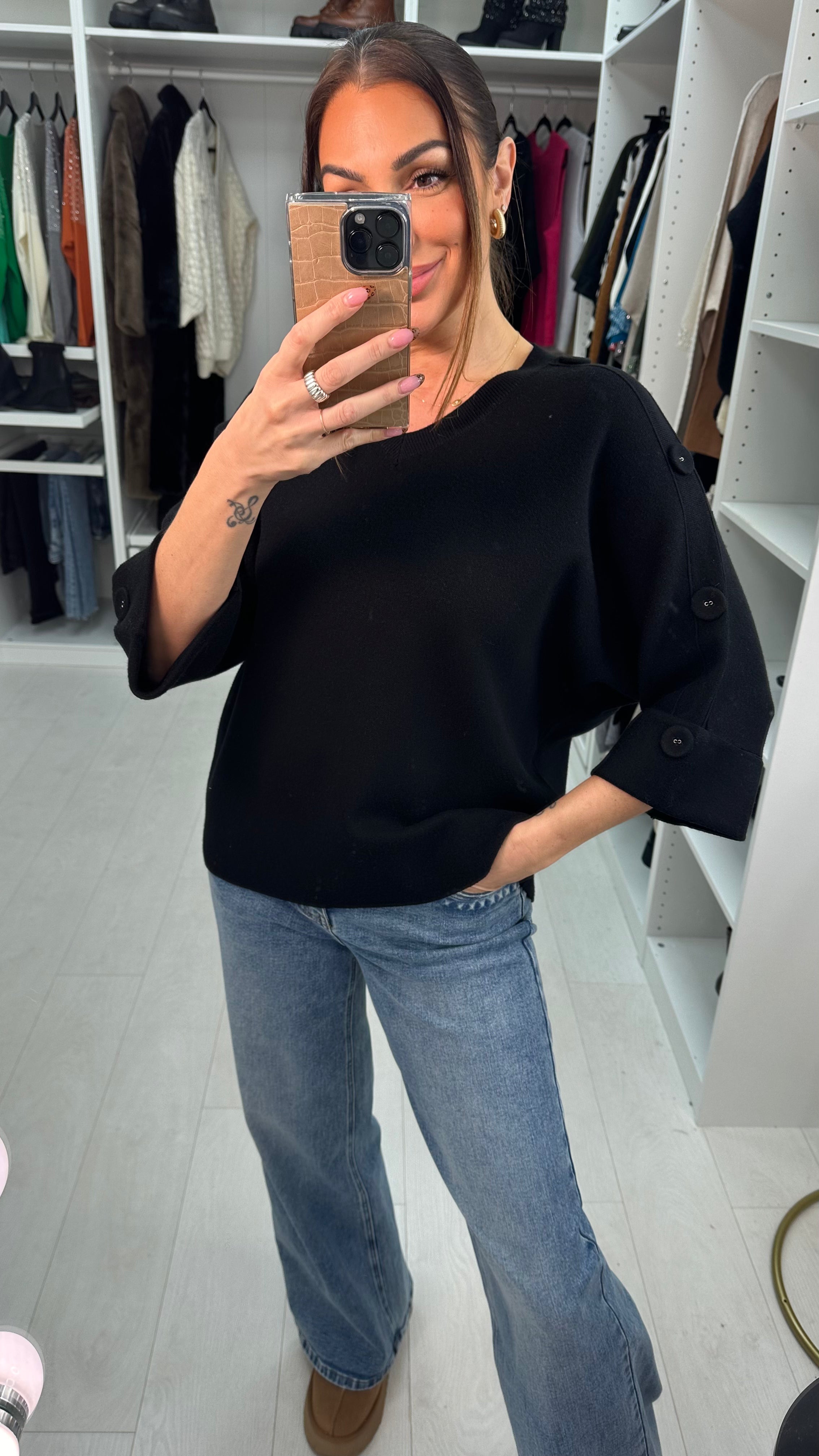 Evaline Button Detailed 3/4 Sleeve V Neck Jumper