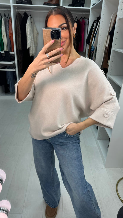 Evaline Button Detailed 3/4 Sleeve V Neck Jumper