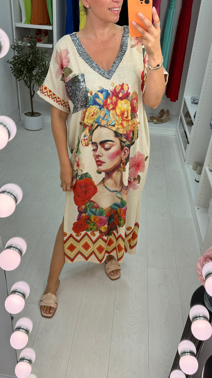 Zaina Floral Print Embellished Loose Fit Dress