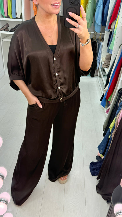 Deana Plain V Neck Button Front Satin Top