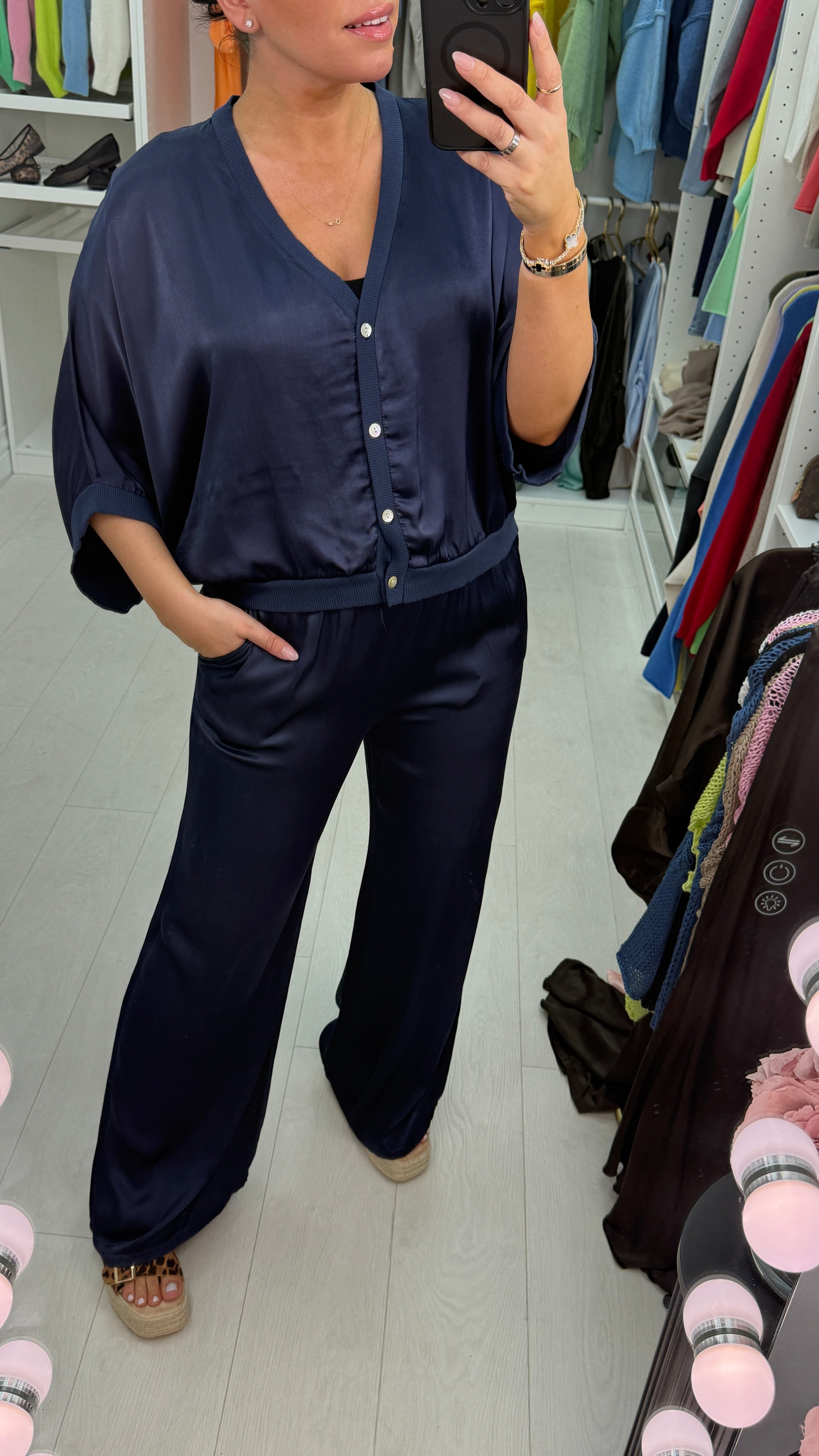 Deana Plain V Neck Button Front Satin Top