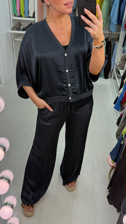 Deana Plain V Neck Button Front Satin Top