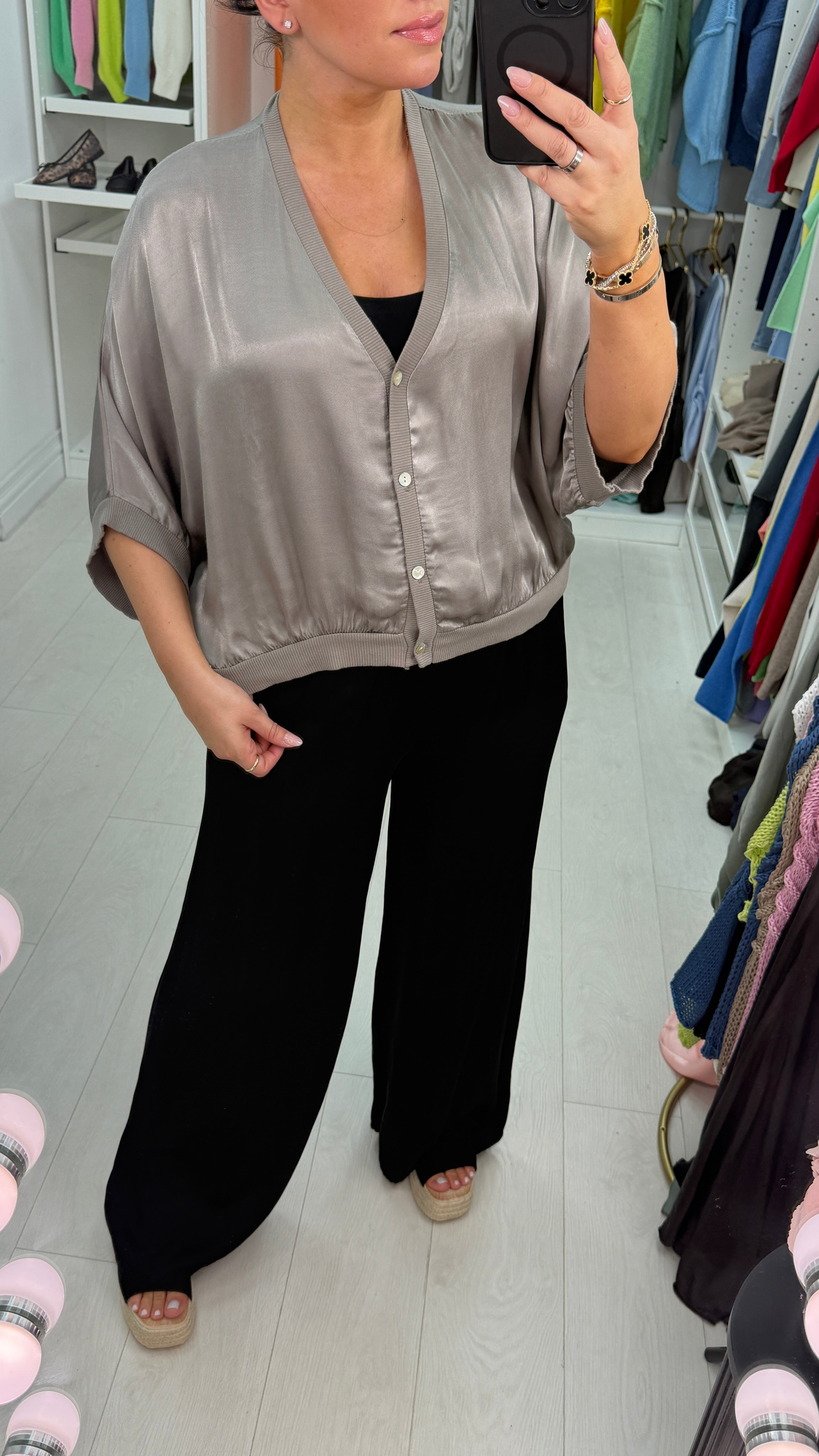 Deana Plain V Neck Button Front Satin Top