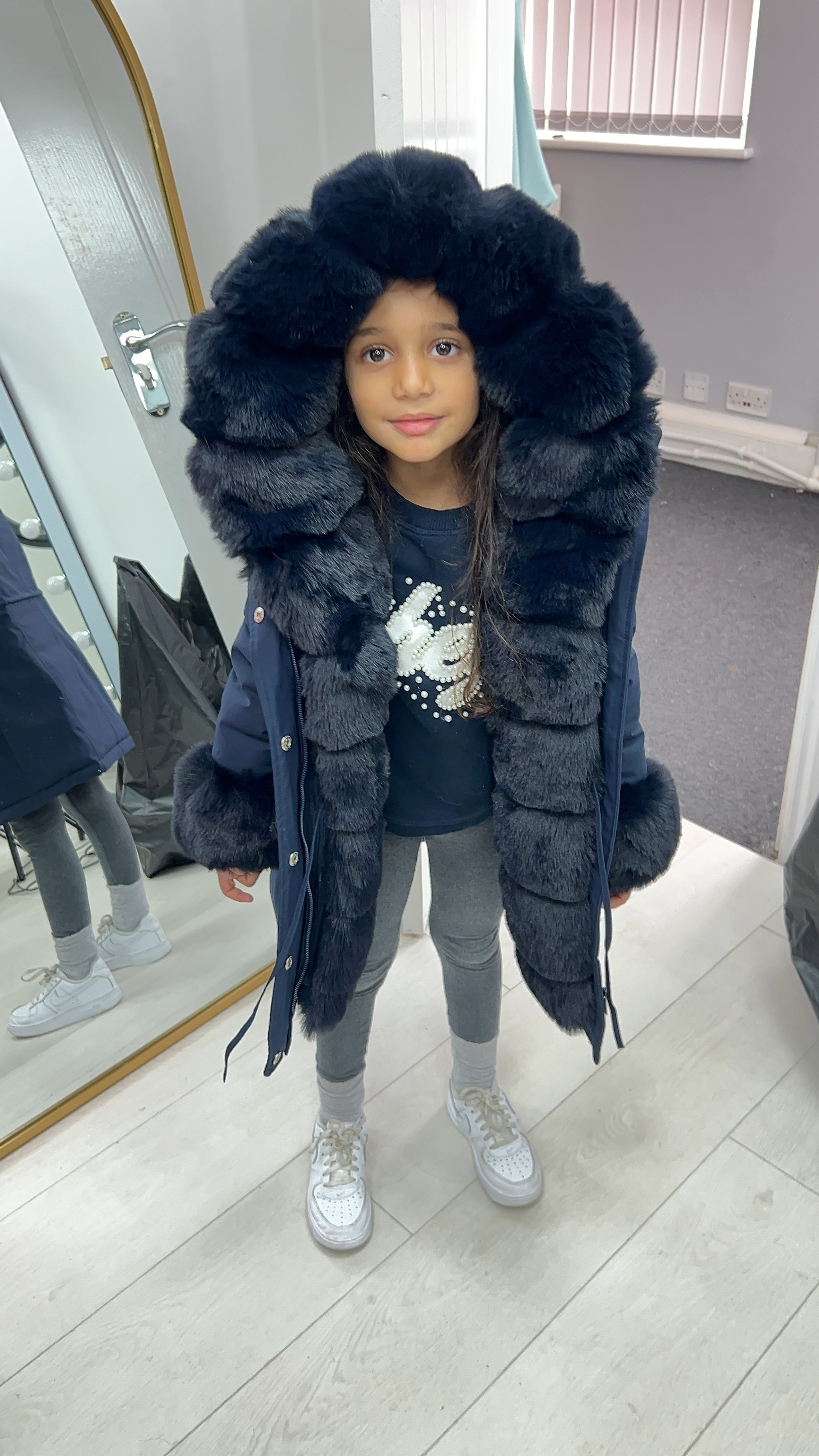 Jaya Navy KIDS Faux Fur Hooded Toggle Coat