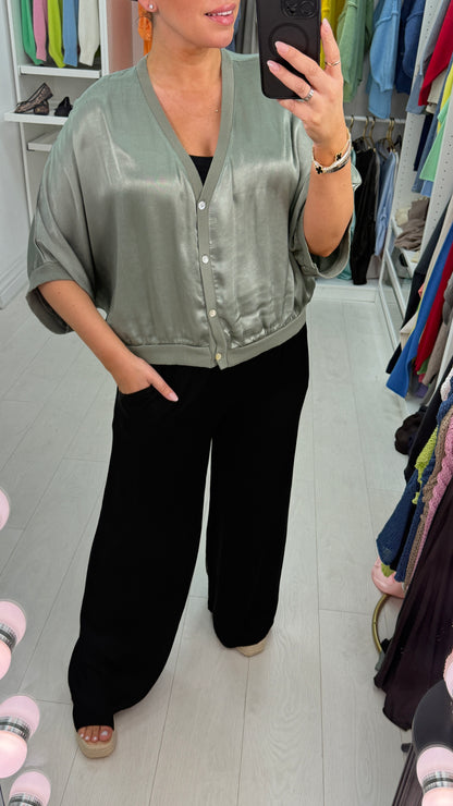 Deana Plain V Neck Button Front Satin Top