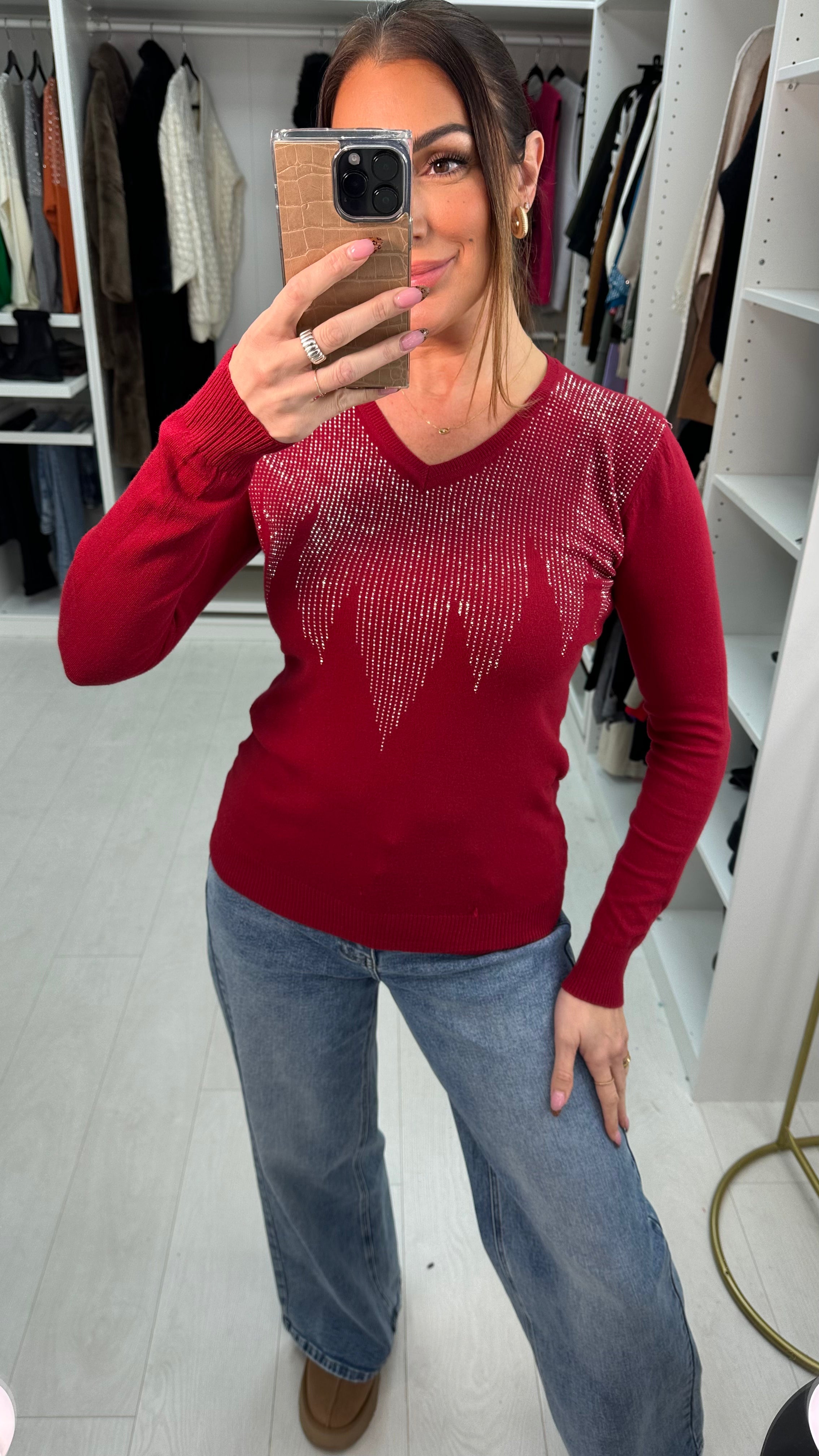 Amisha Diamante Sparkle V Neck Knit Jumper
