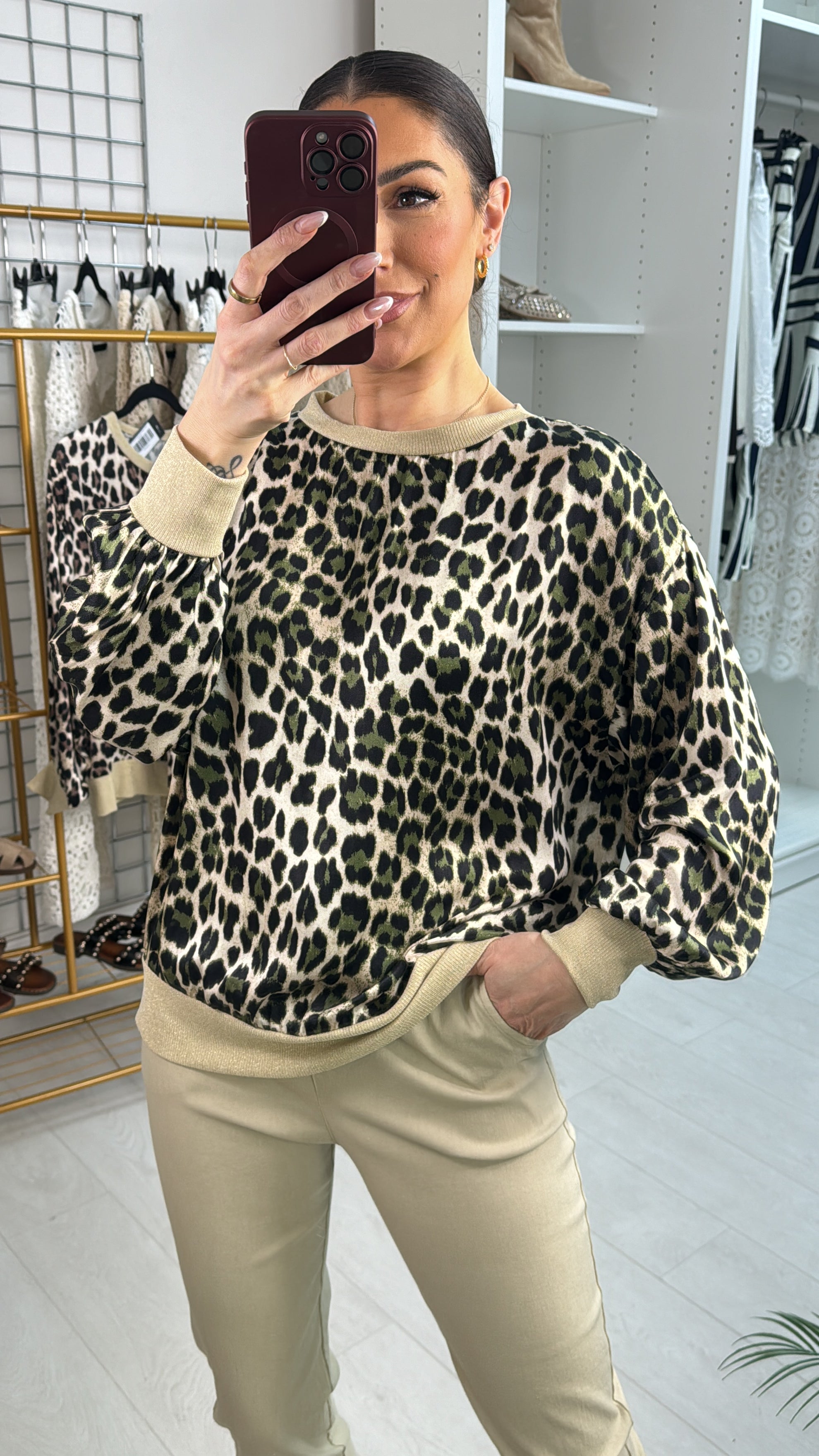 Kyrah Leopard Print Lurex Hem Satin Top