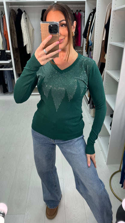 Amisha Diamante Sparkle V Neck Knit Jumper