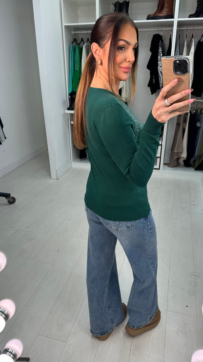 Amisha Diamante Sparkle V Neck Knit Jumper