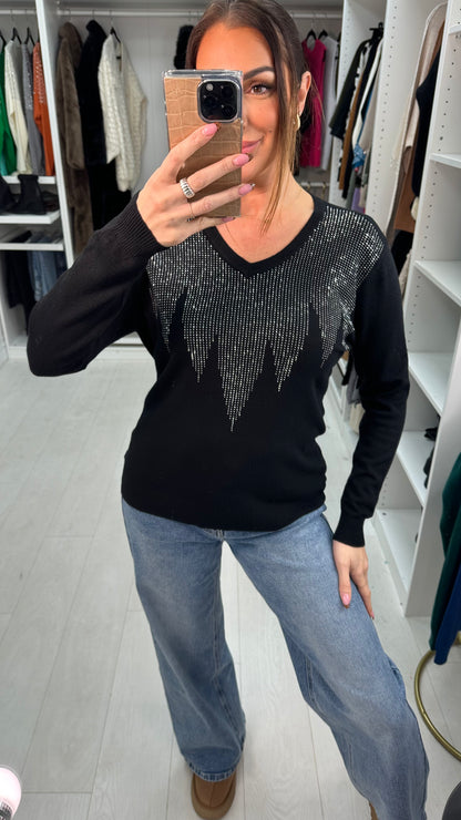 Amisha Diamante Sparkle V Neck Knit Jumper