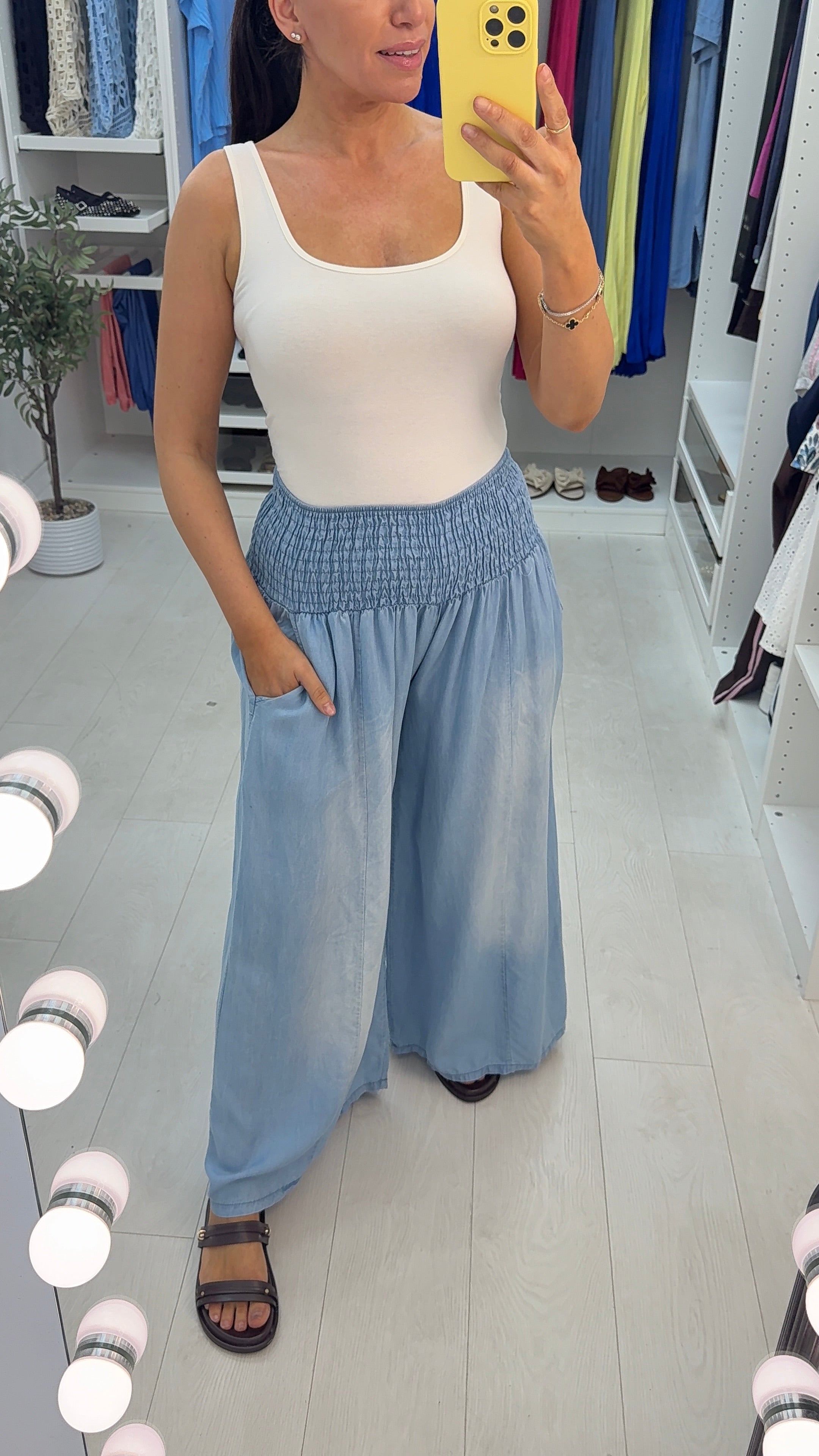 Frankie Denim Elasticated Waist Wide Leg Trousers