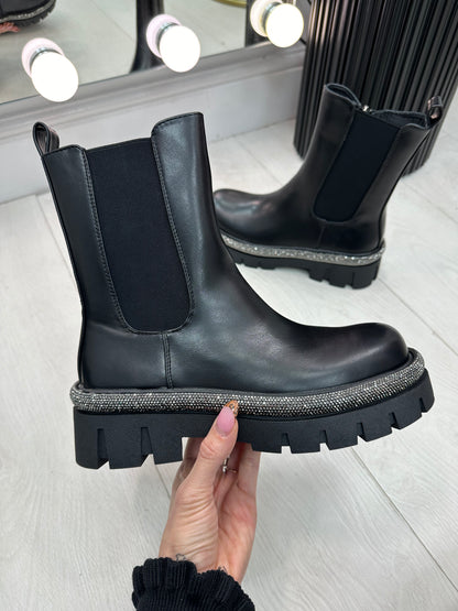 Cecily Faux Leather Embellished Sole Chunky Boots