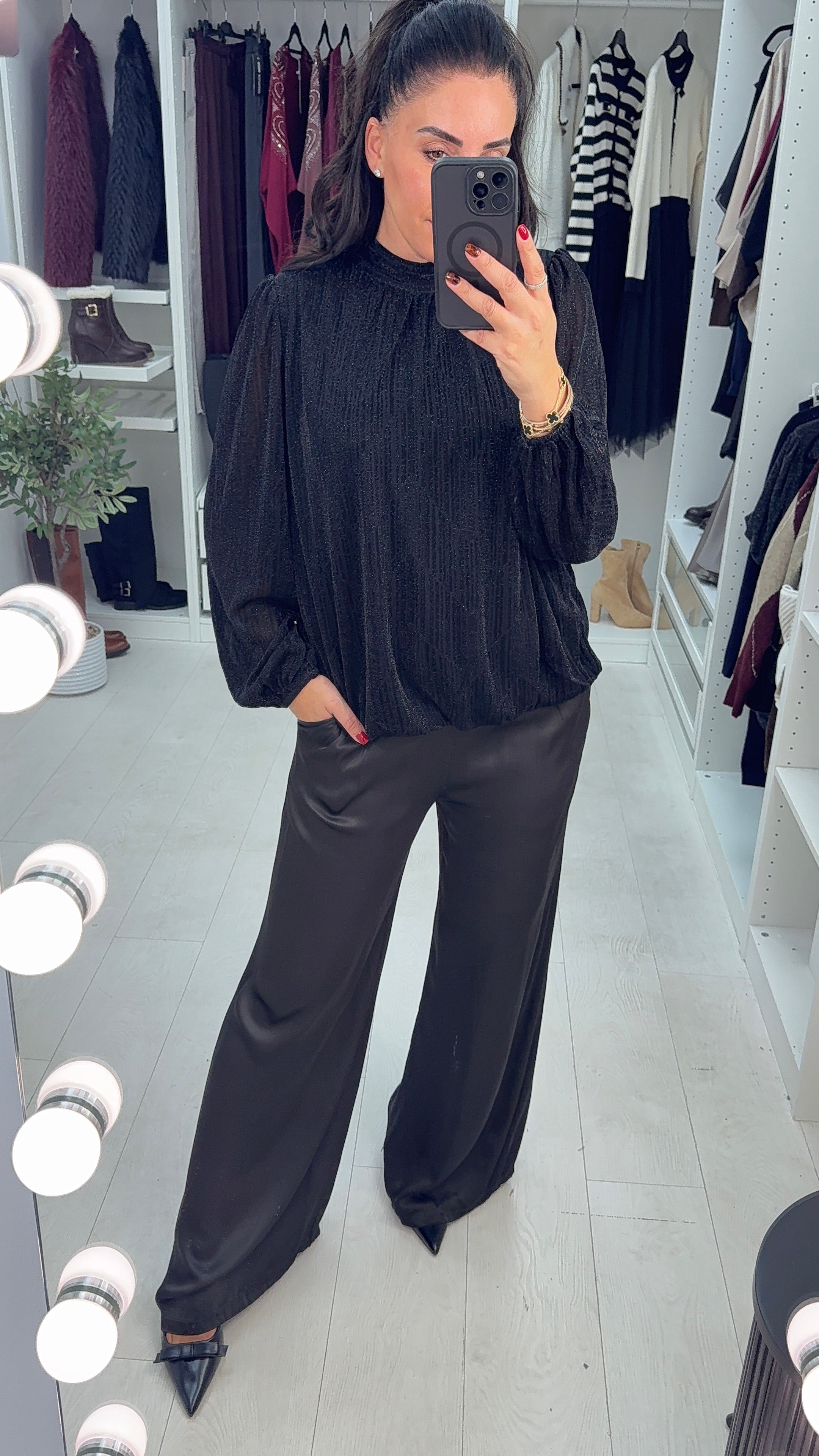 Blaine Bubble Hem High Neck Lurex Top