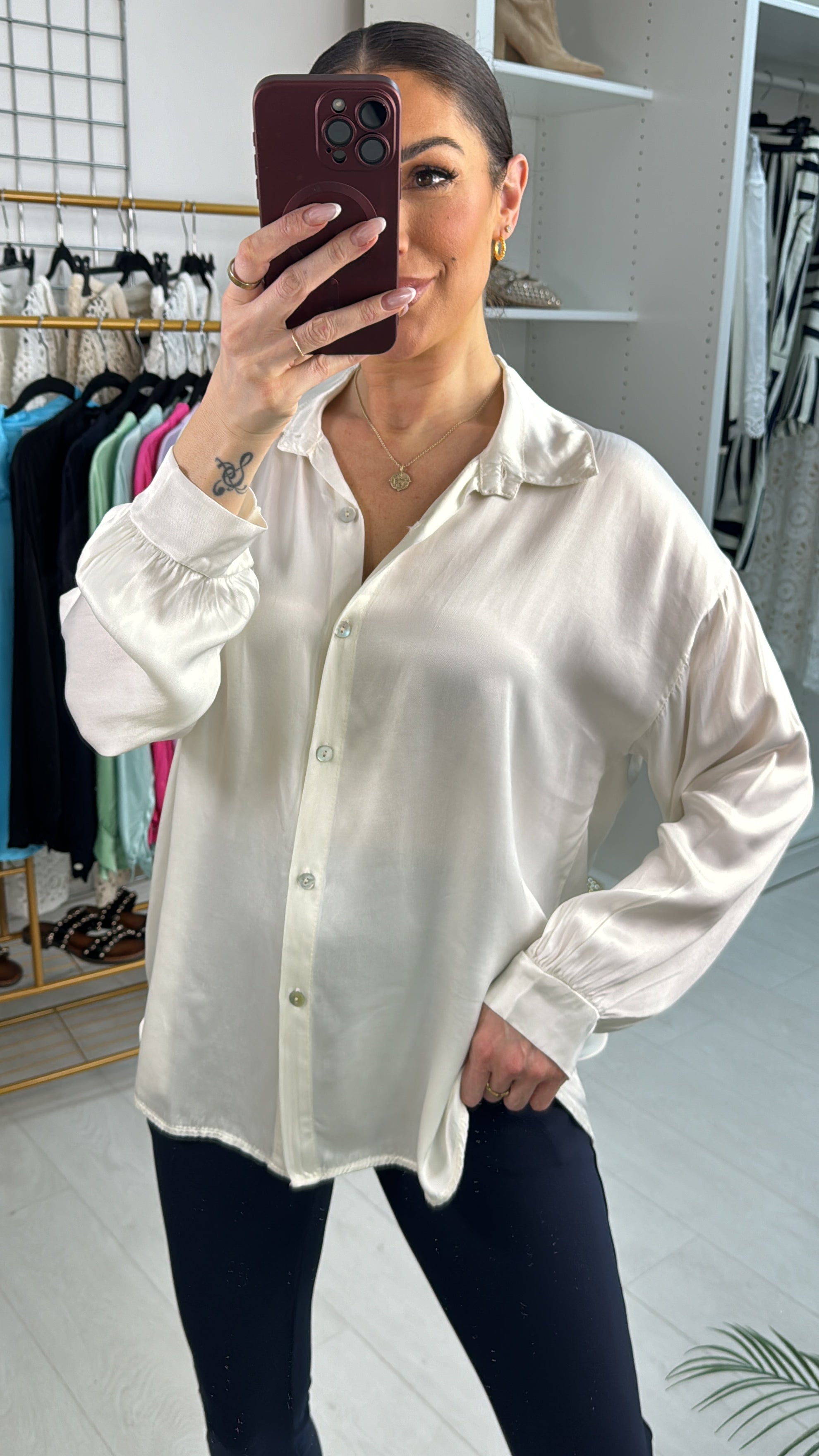 Ariela Plain Satin Relaxed Fit Shirt