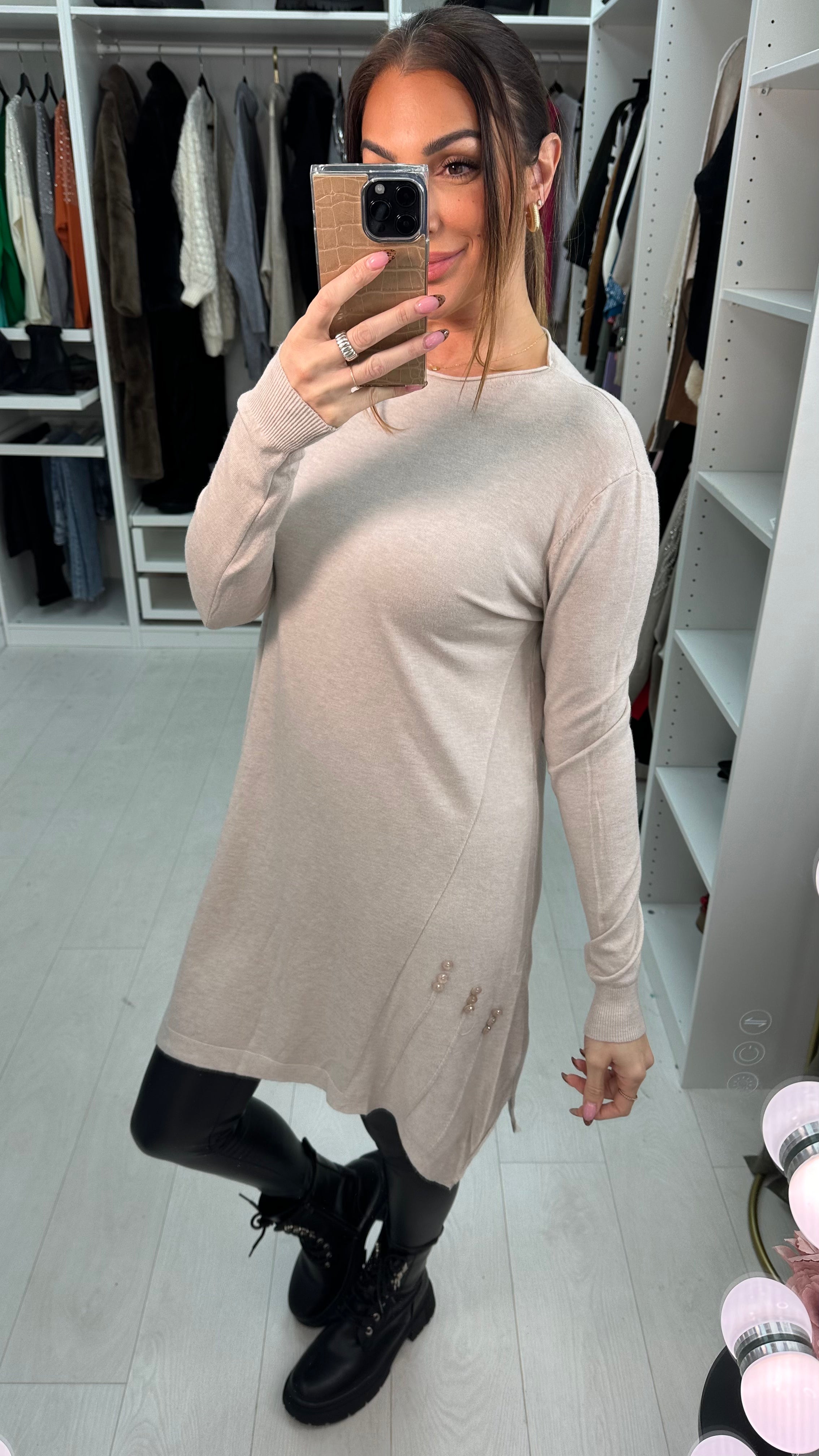 Rika Button Detailed Trapeze Knit Jumper Dress