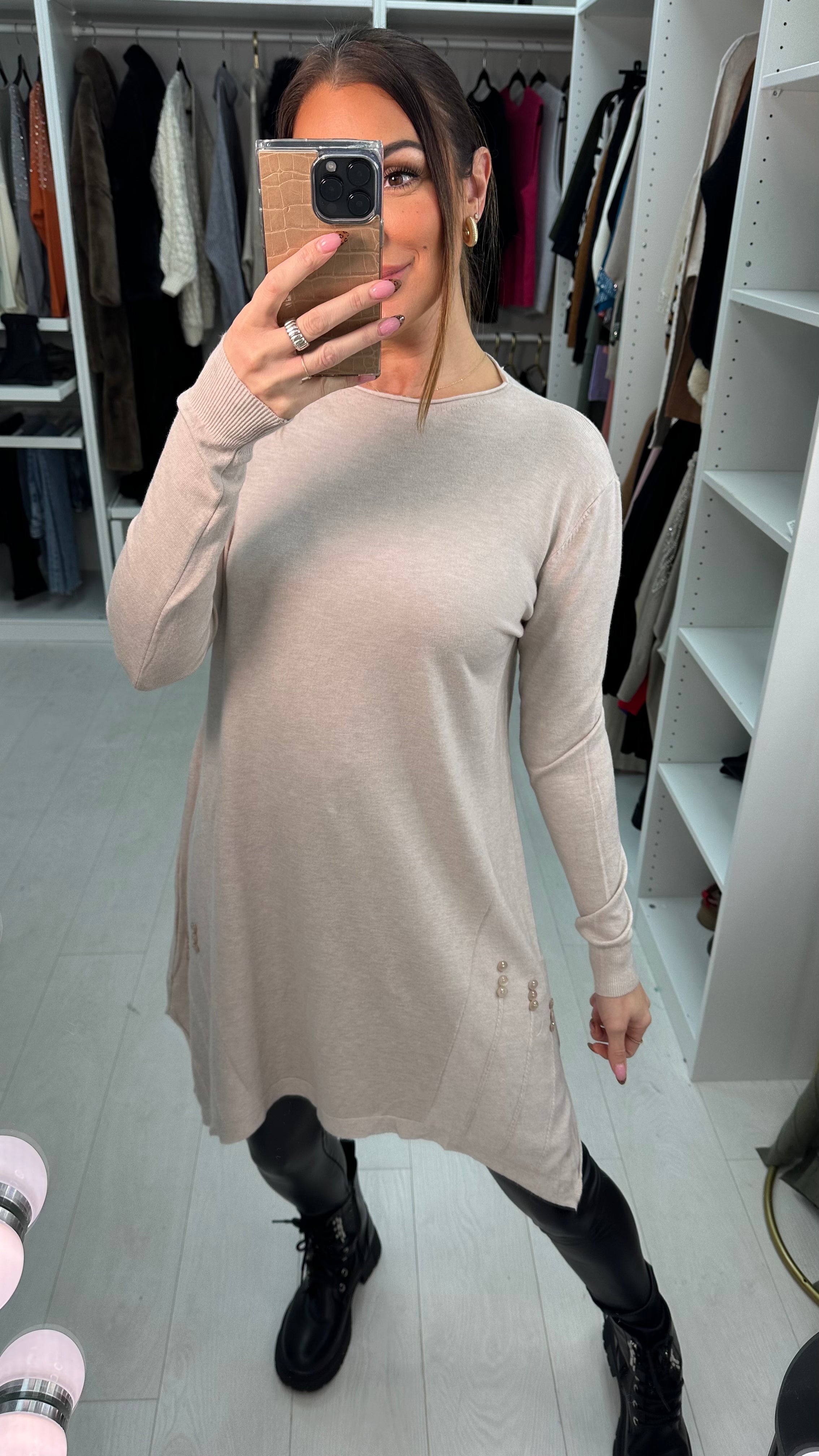 Rika Button Detailed Trapeze Knit Jumper Dress