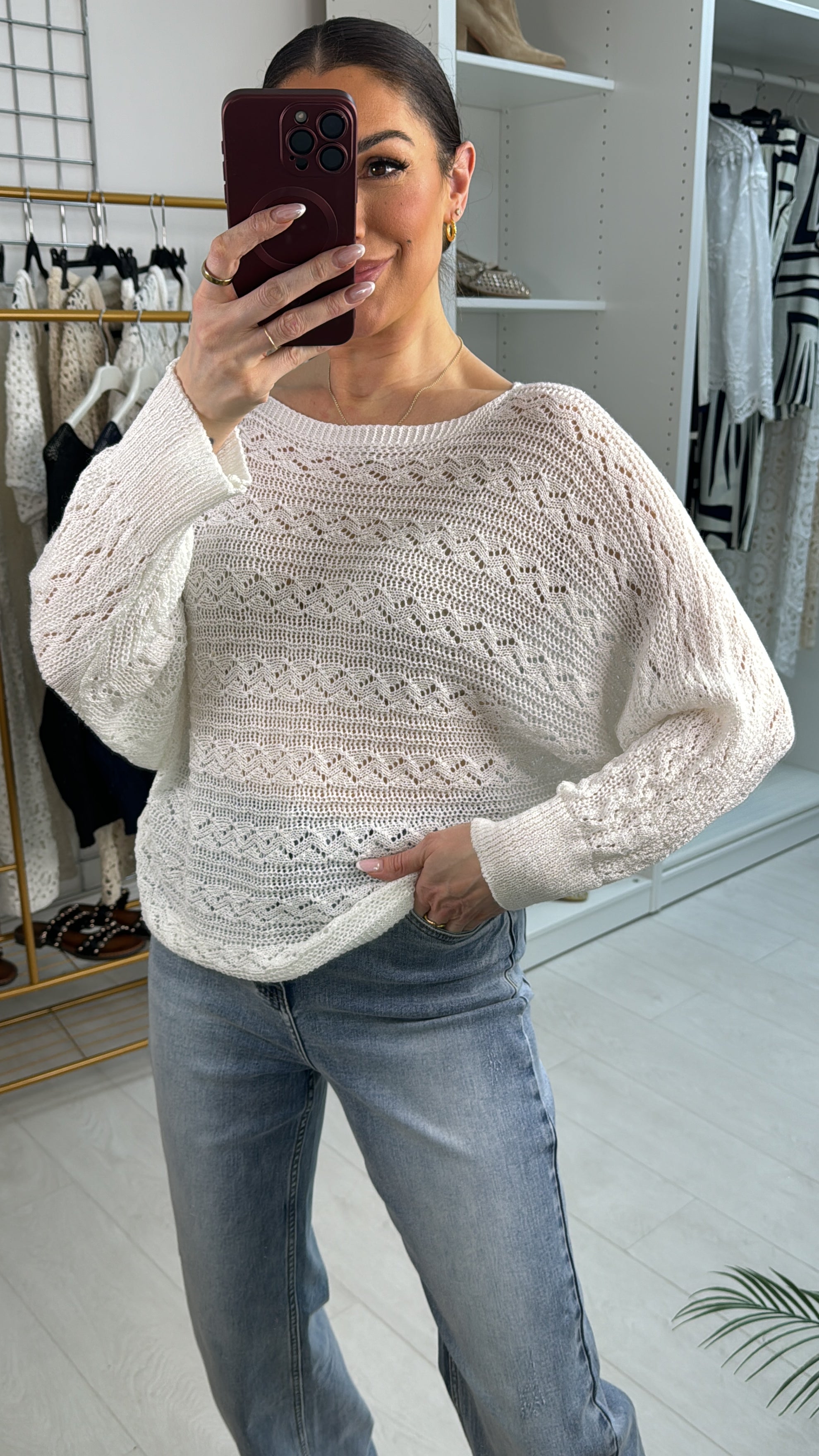 Elysia Crochet Batwing Sleeve Thin Knit Jumper