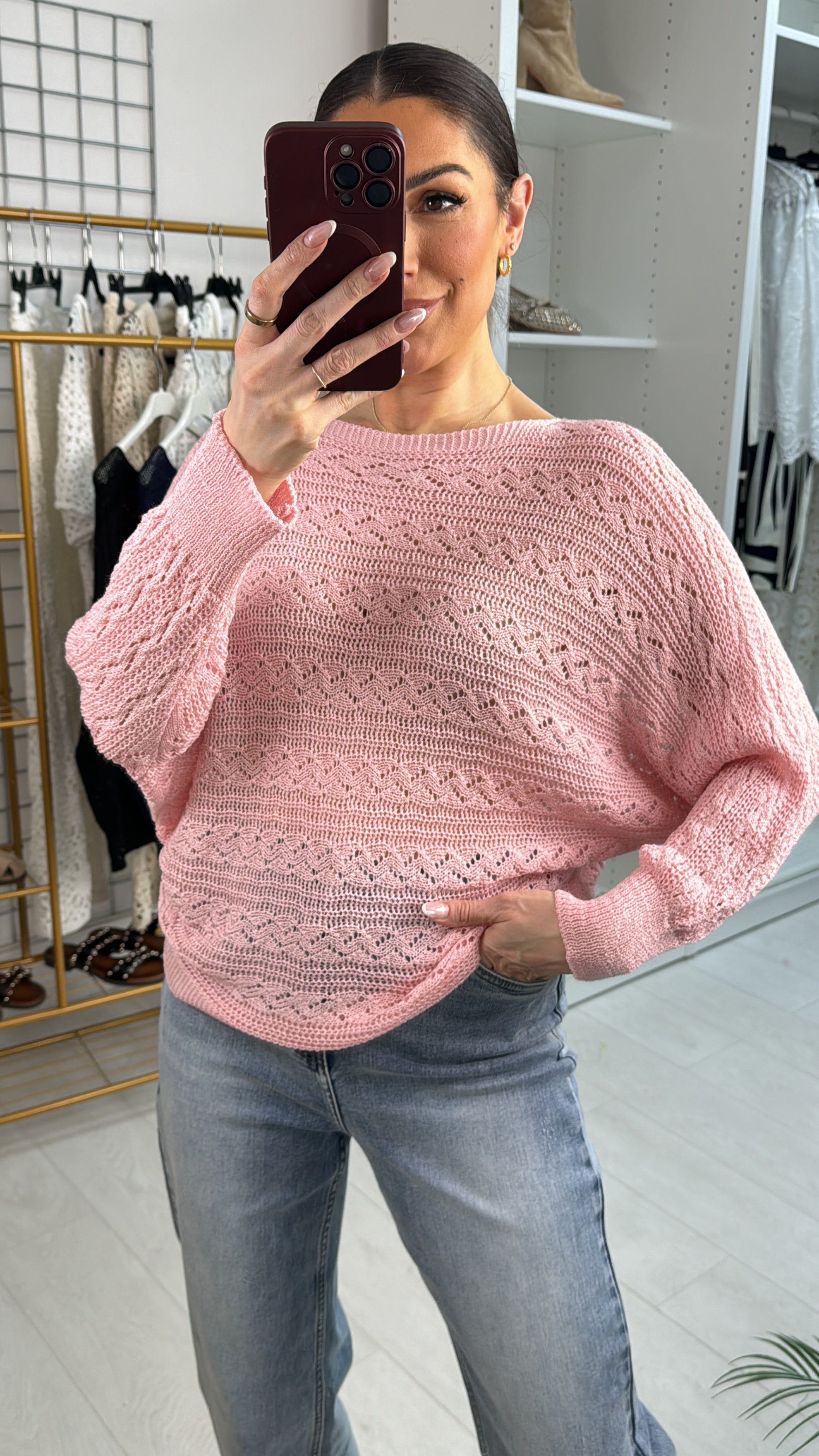 Elysia Crochet Batwing Sleeve Thin Knit Jumper