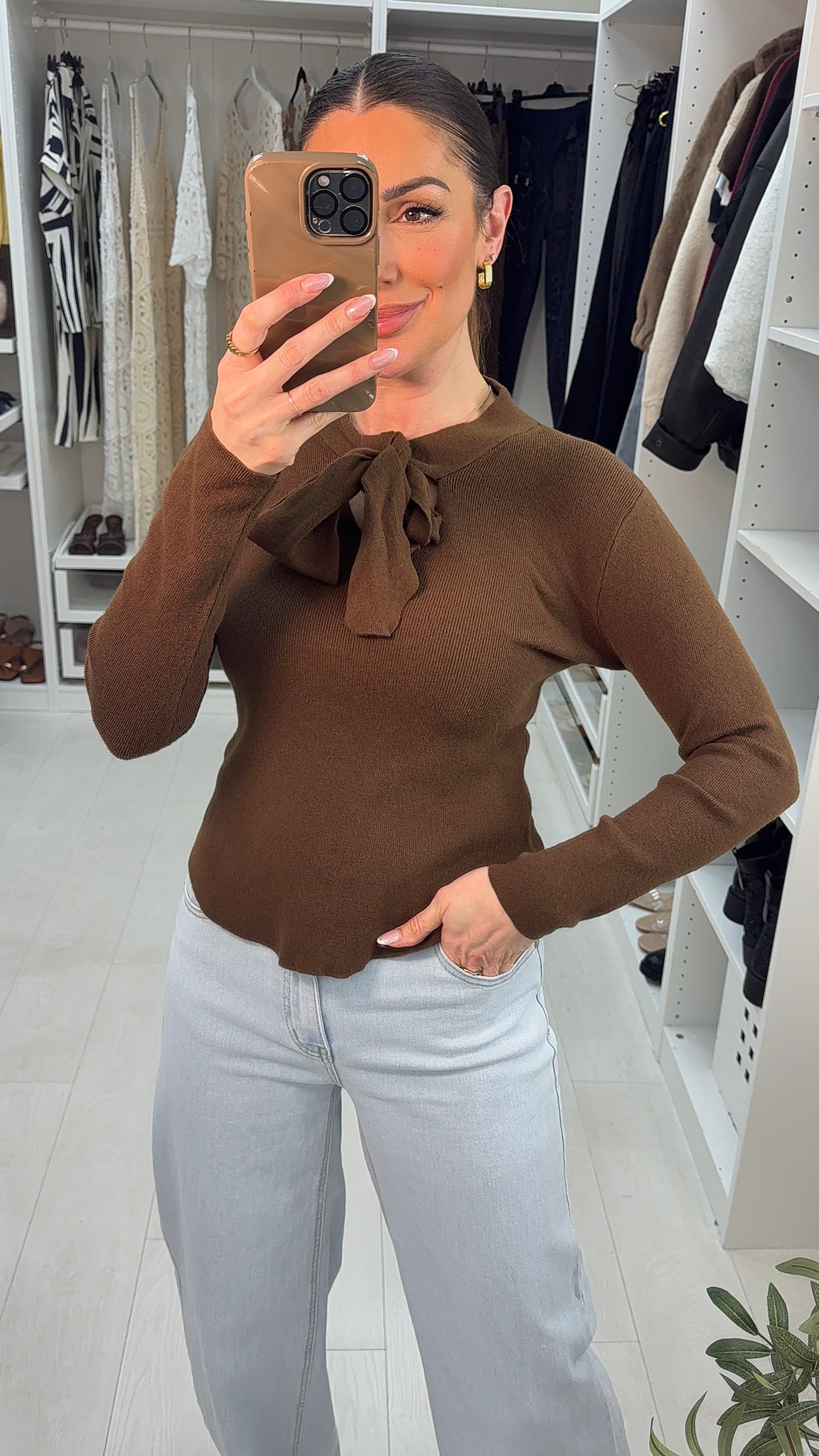 Beatrice Plain Ribbed Knit Pussybow Jumper