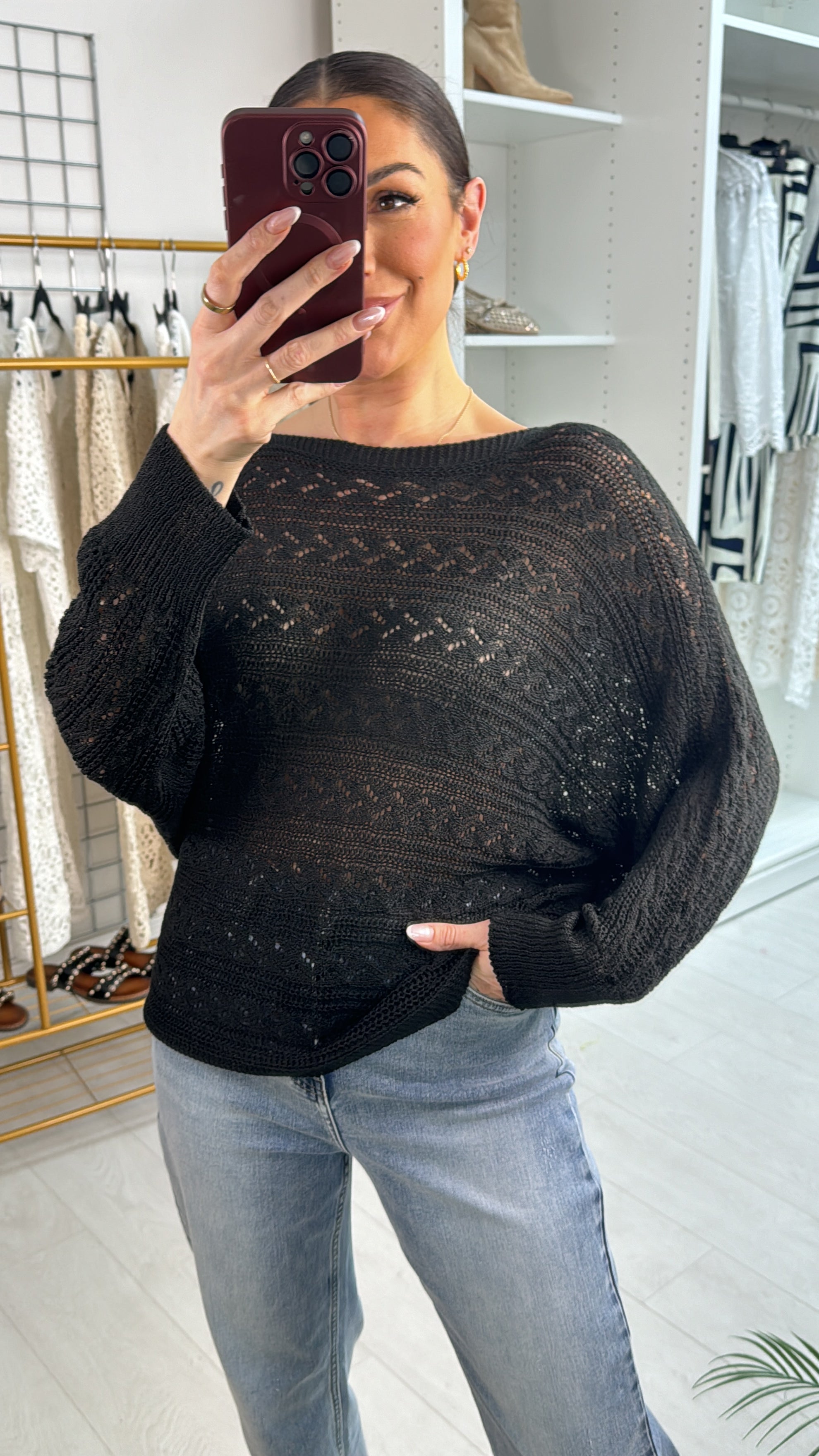 Elysia Crochet Batwing Sleeve Thin Knit Jumper