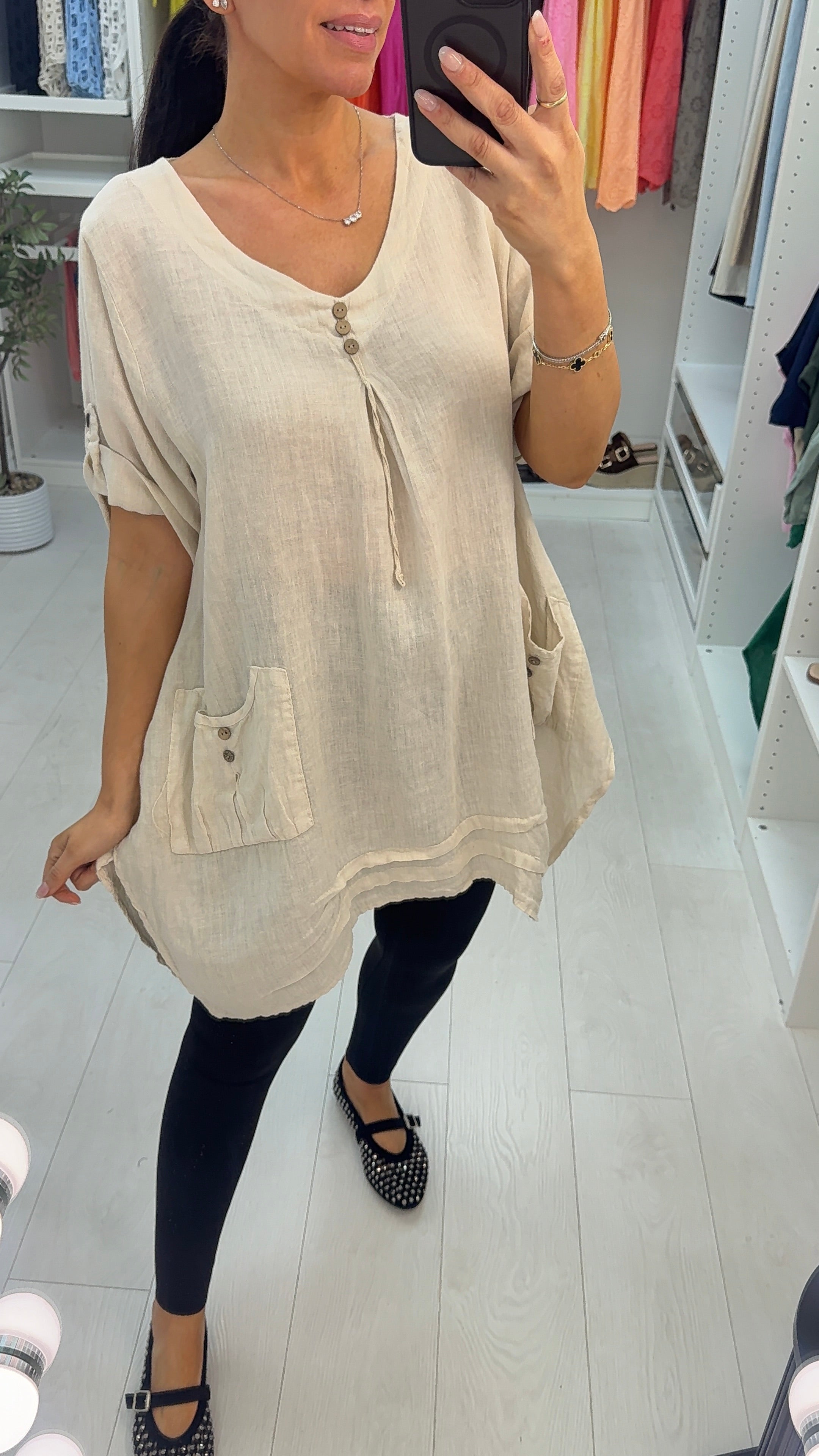 Halie Plain Asymmetric Hem Longline Linen Top