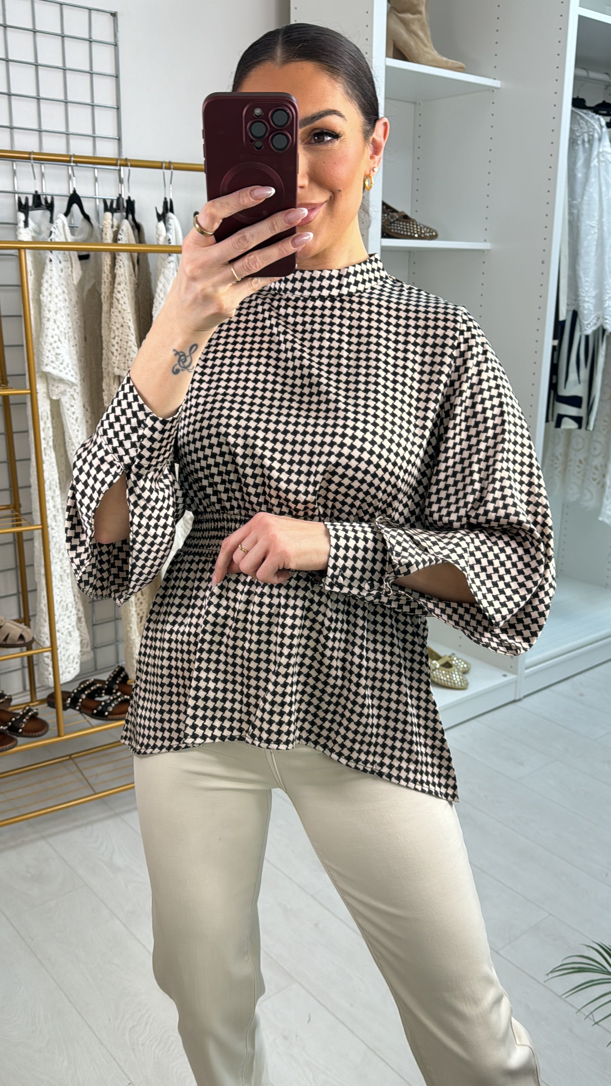Halo Checkerboard Print Split Sleeve Blouse