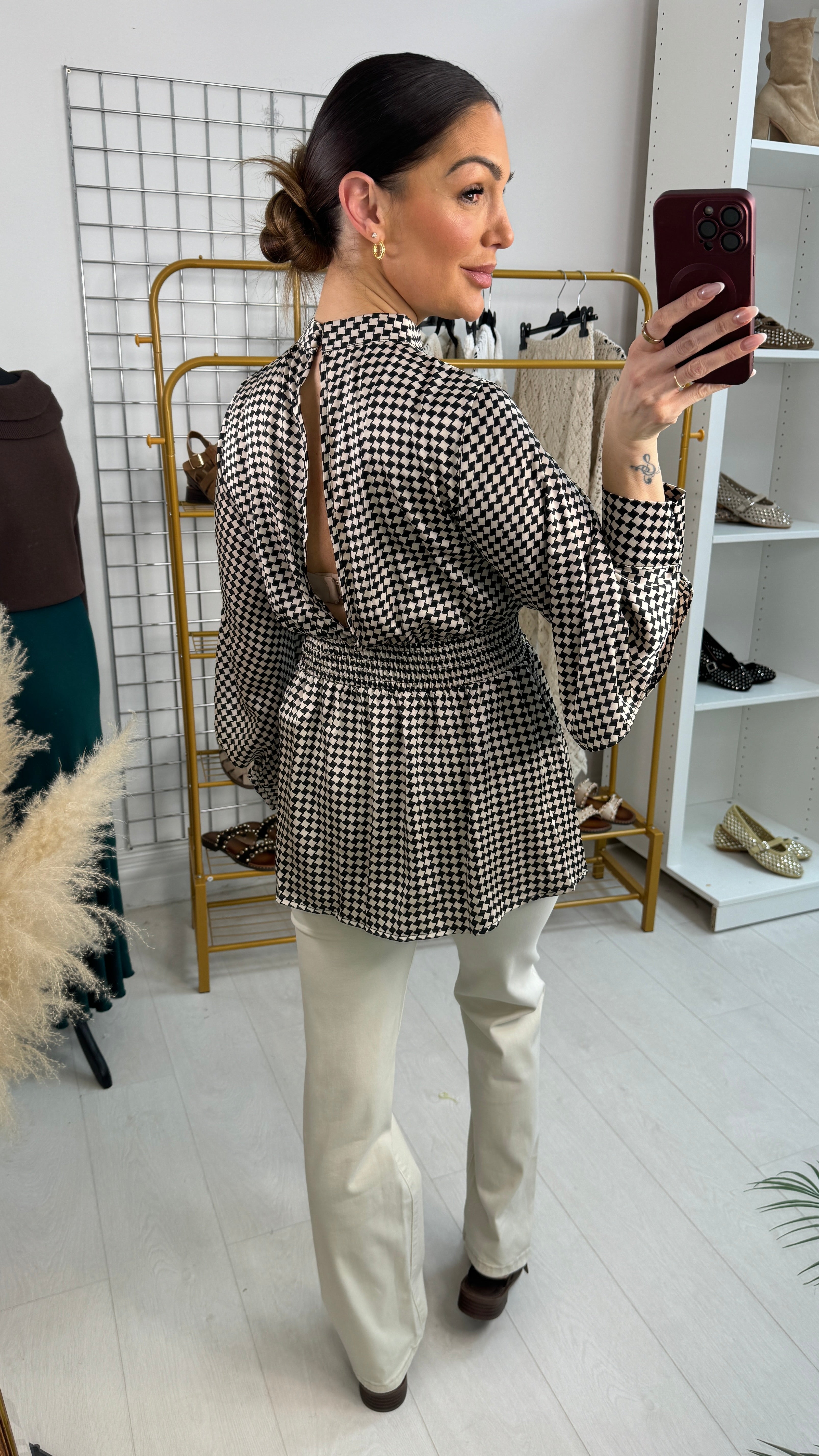 Halo Checkerboard Print Split Sleeve Blouse
