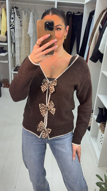 Emelda Leopard Print Bow V Neck Jumper