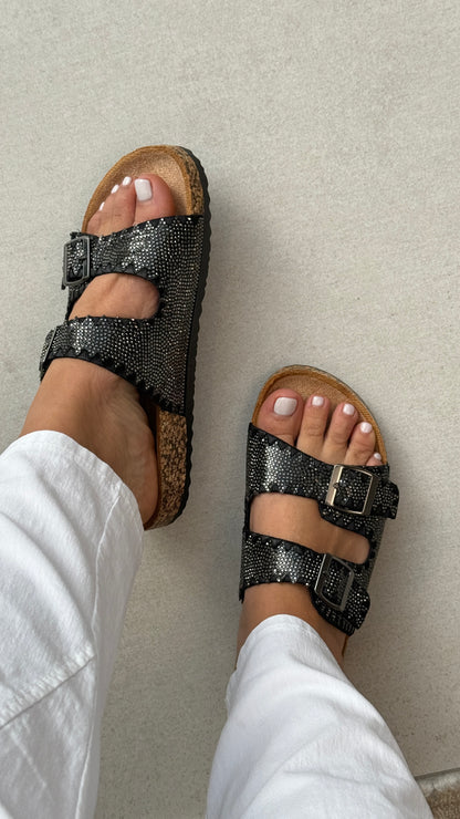 Gigi Diamante Embellished Buckle Sliders