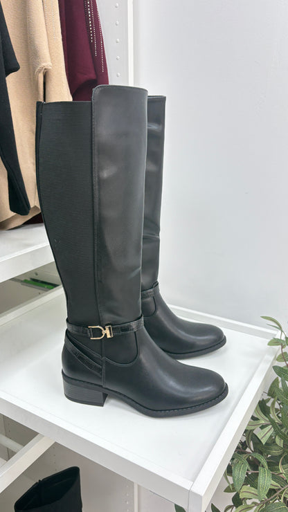 Zinnia Faux Leather Gold Buckle Detail Knee High Boots