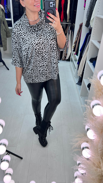 Elsa Leopard Print Cowl Neck Fine Knit Jumper