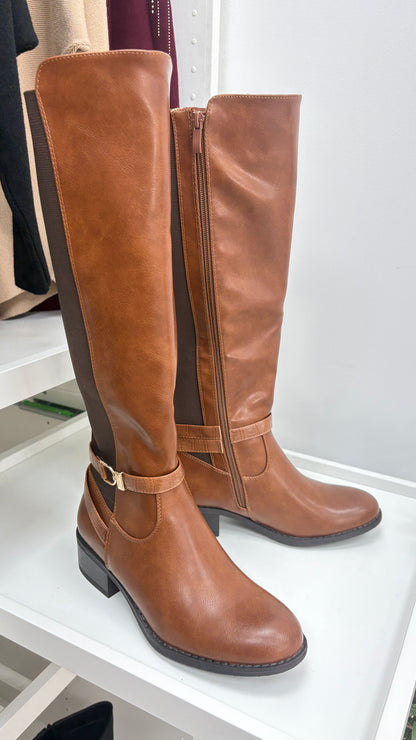 Zinnia Faux Leather Gold Buckle Detail Knee High Boots