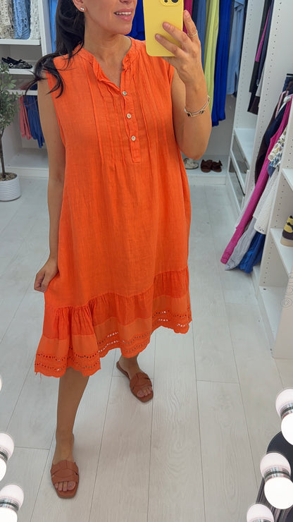 Velma Plain Button Detailed Scalloped Hem Linen Dress