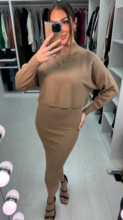 Clair Diamante Detail High Neck Knitted Dress Co-Ord Set