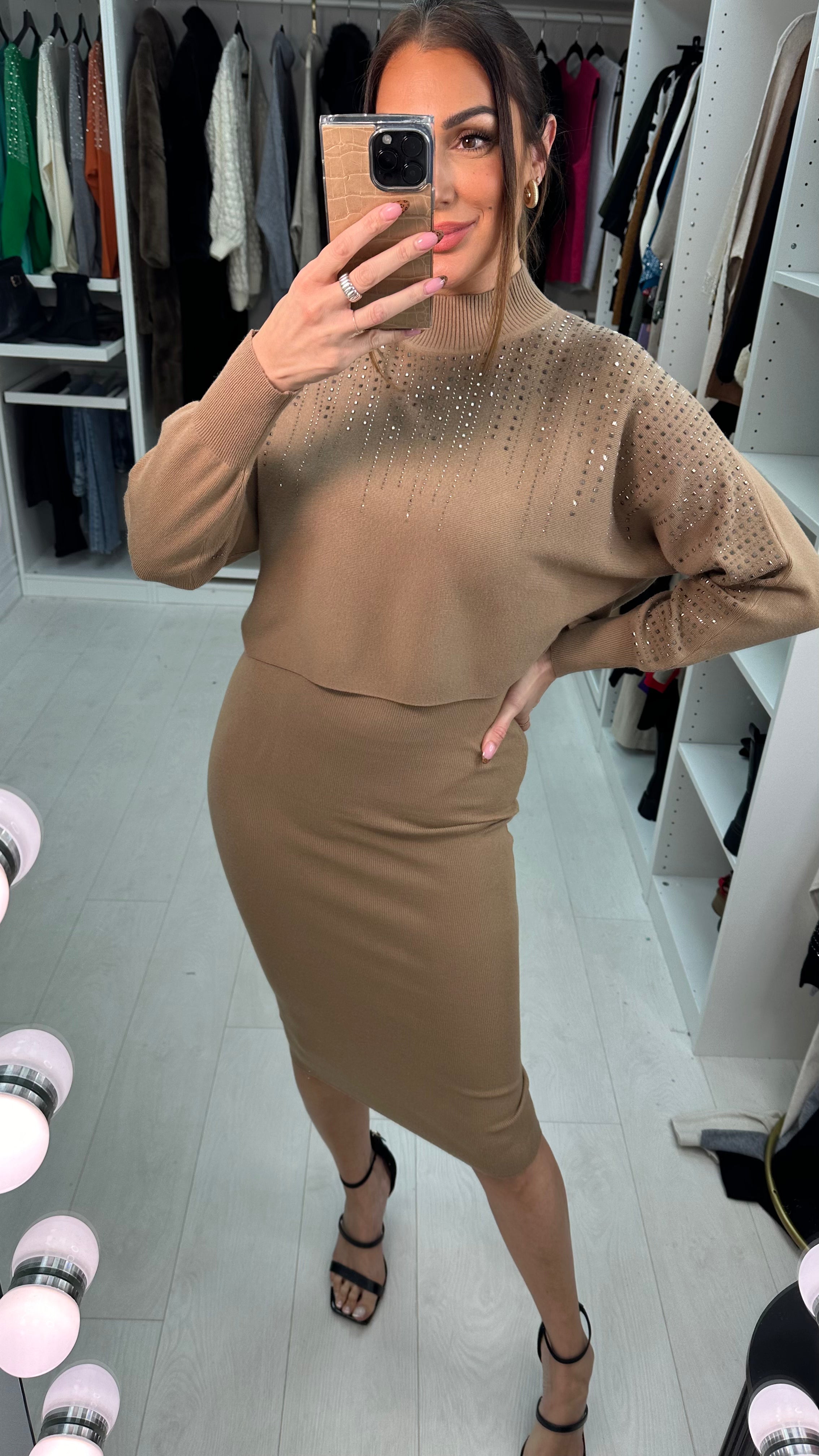 Clair Diamante Detail High Neck Knitted Dress Co-Ord Set