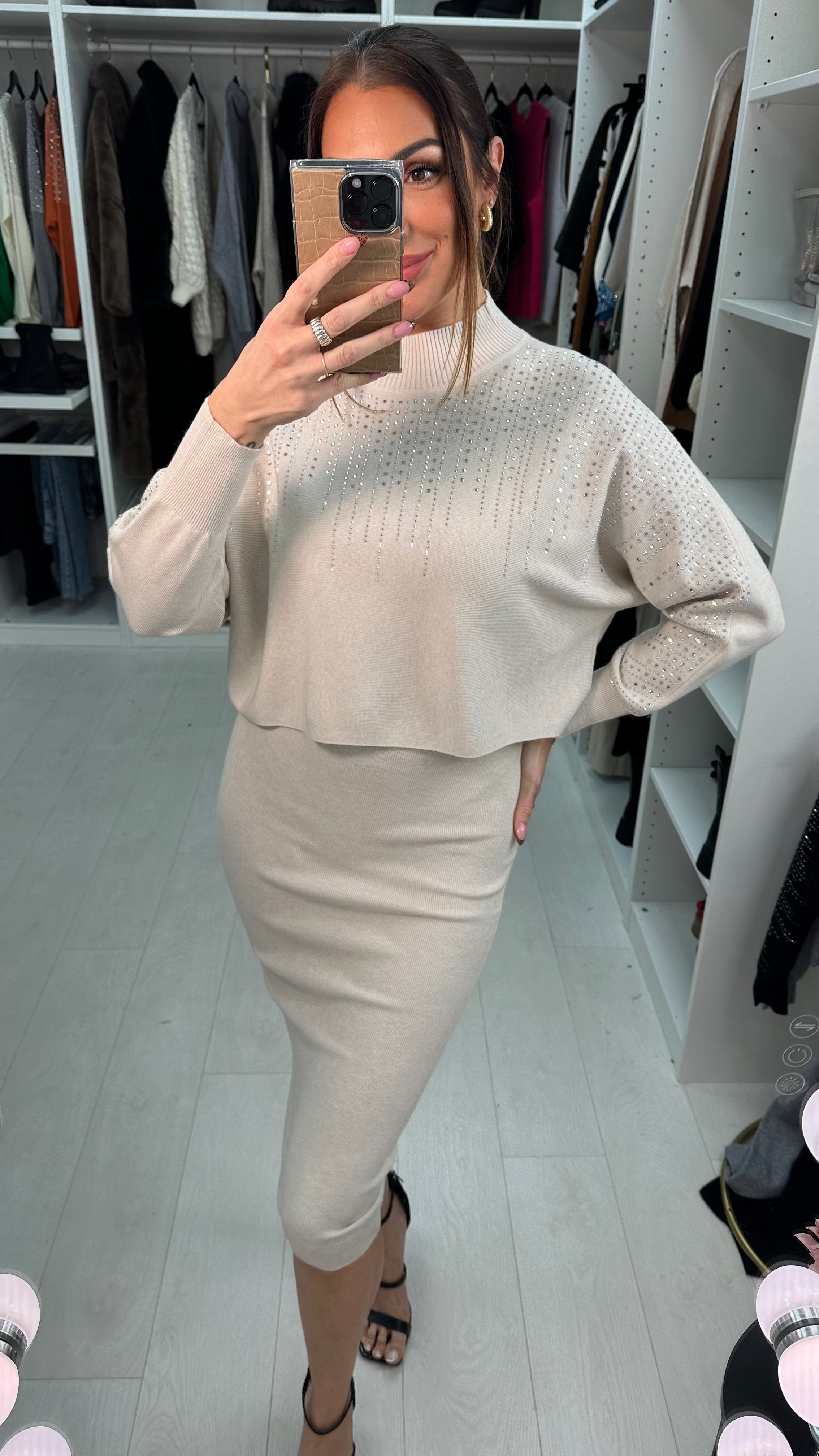 Clair Diamante Detail High Neck Knitted Dress Co-Ord Set