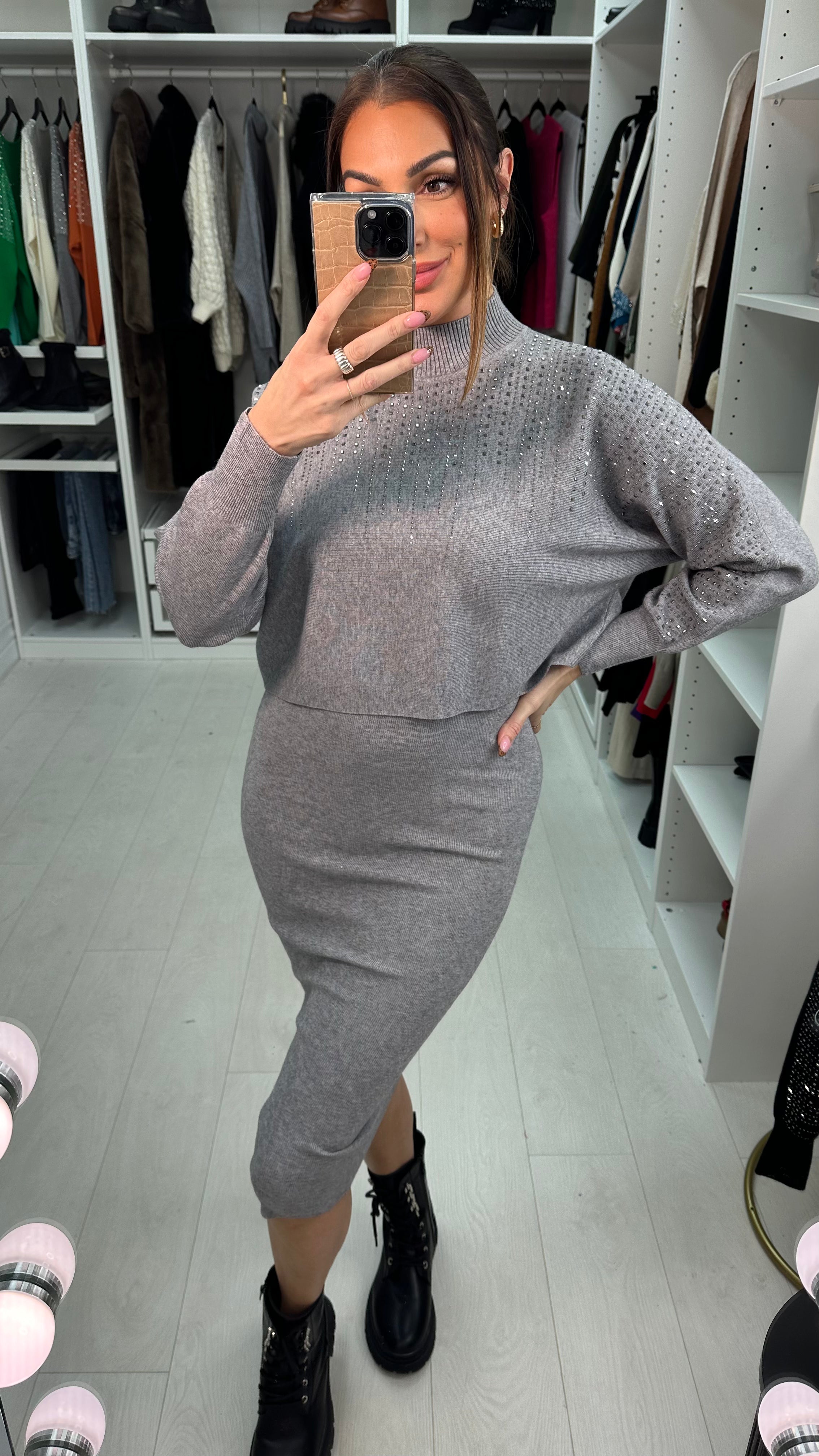 Clair Diamante Detail High Neck Knitted Dress Co-Ord Set