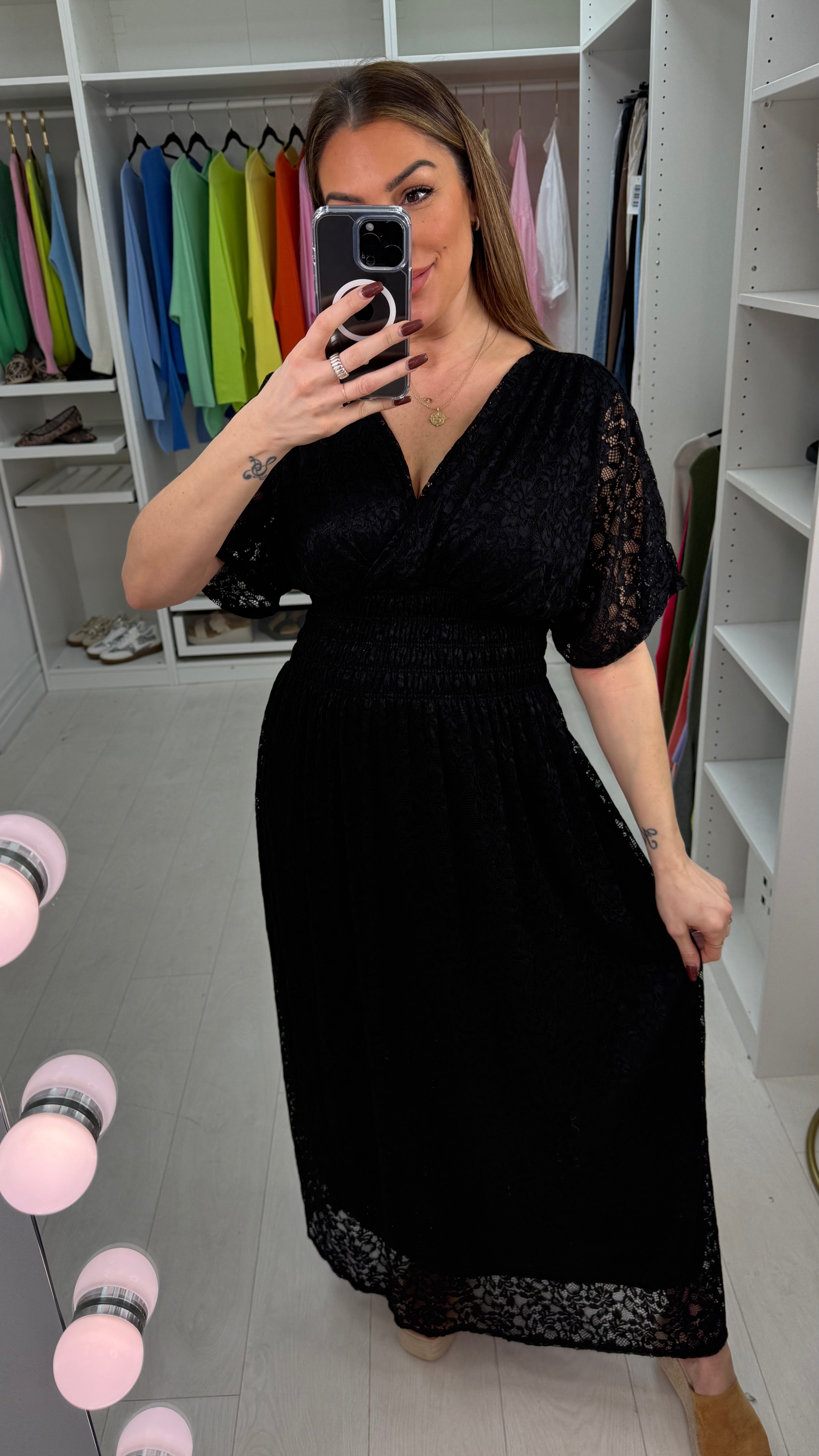 Della Plain Lace Shirred Waist Maxi Dress