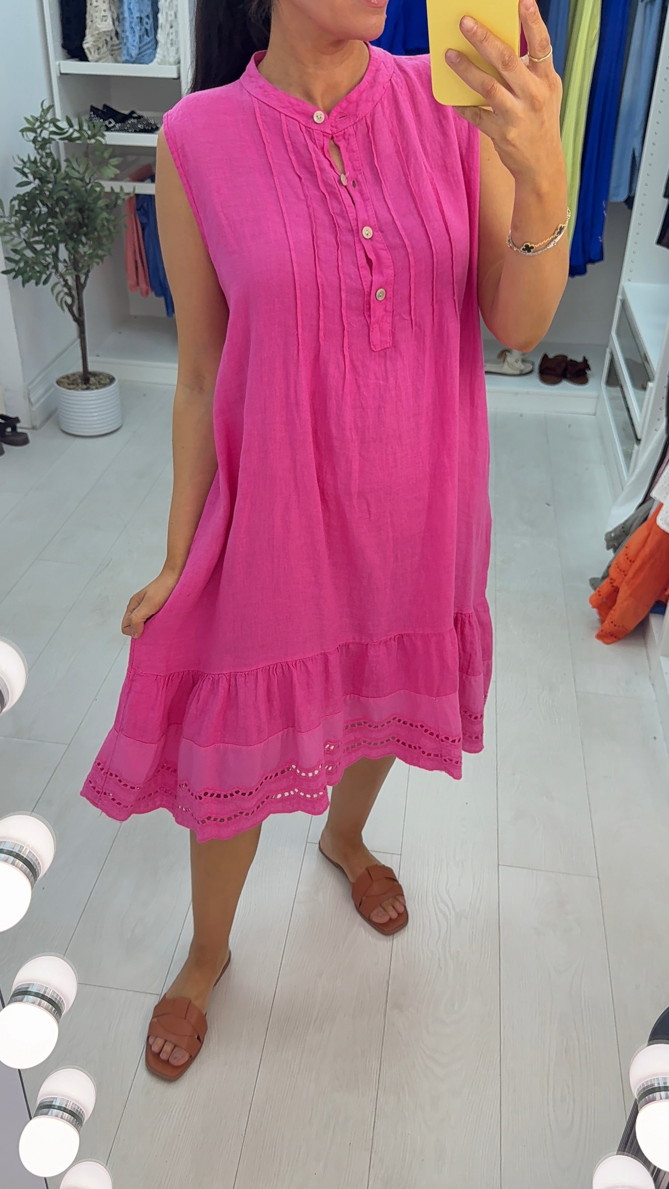 Velma Plain Button Detailed Scalloped Hem Linen Dress