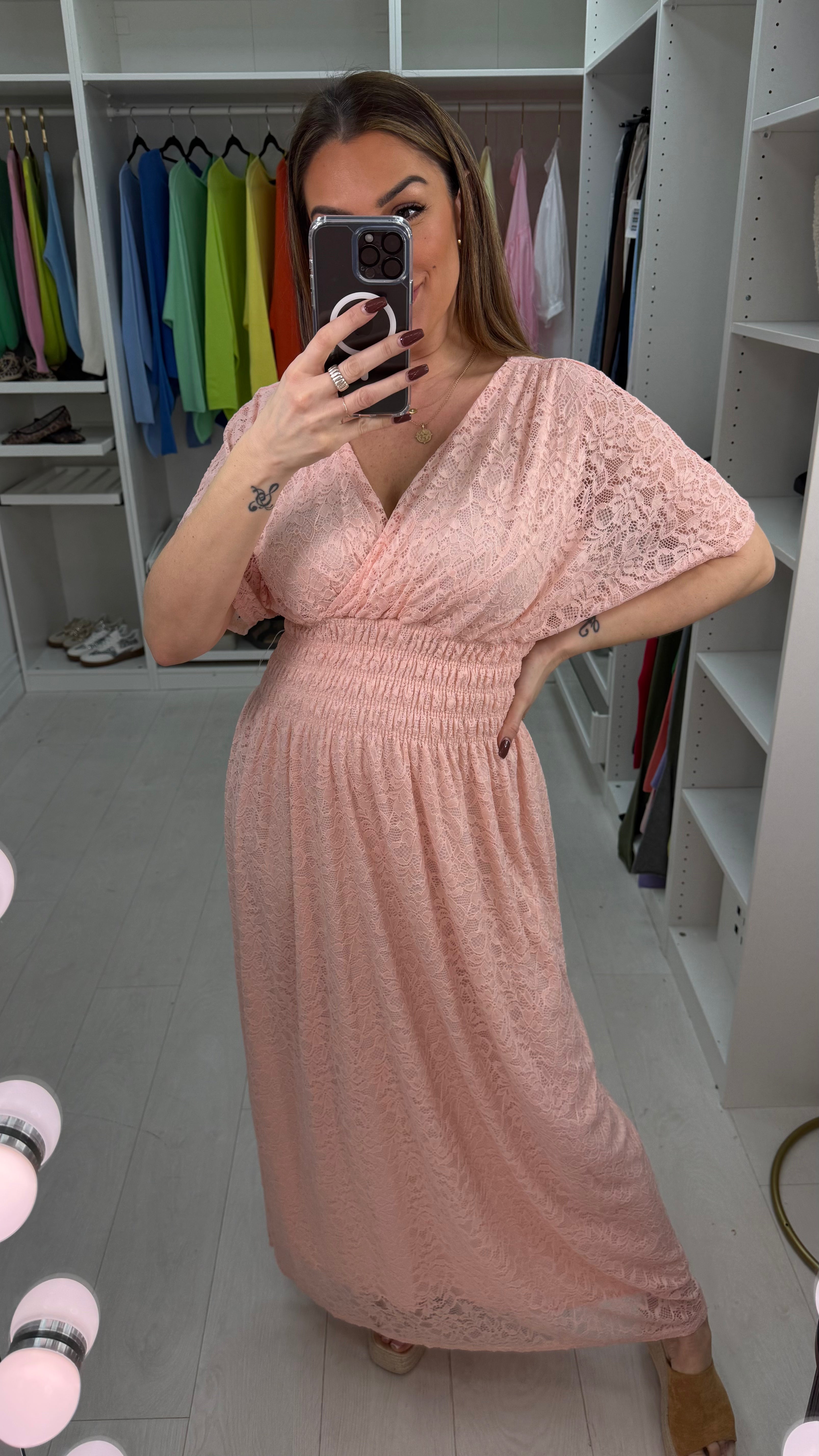 Della Plain Lace Shirred Waist Maxi Dress