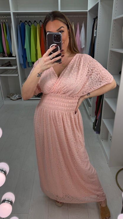 Della Plain Lace Shirred Waist Maxi Dress