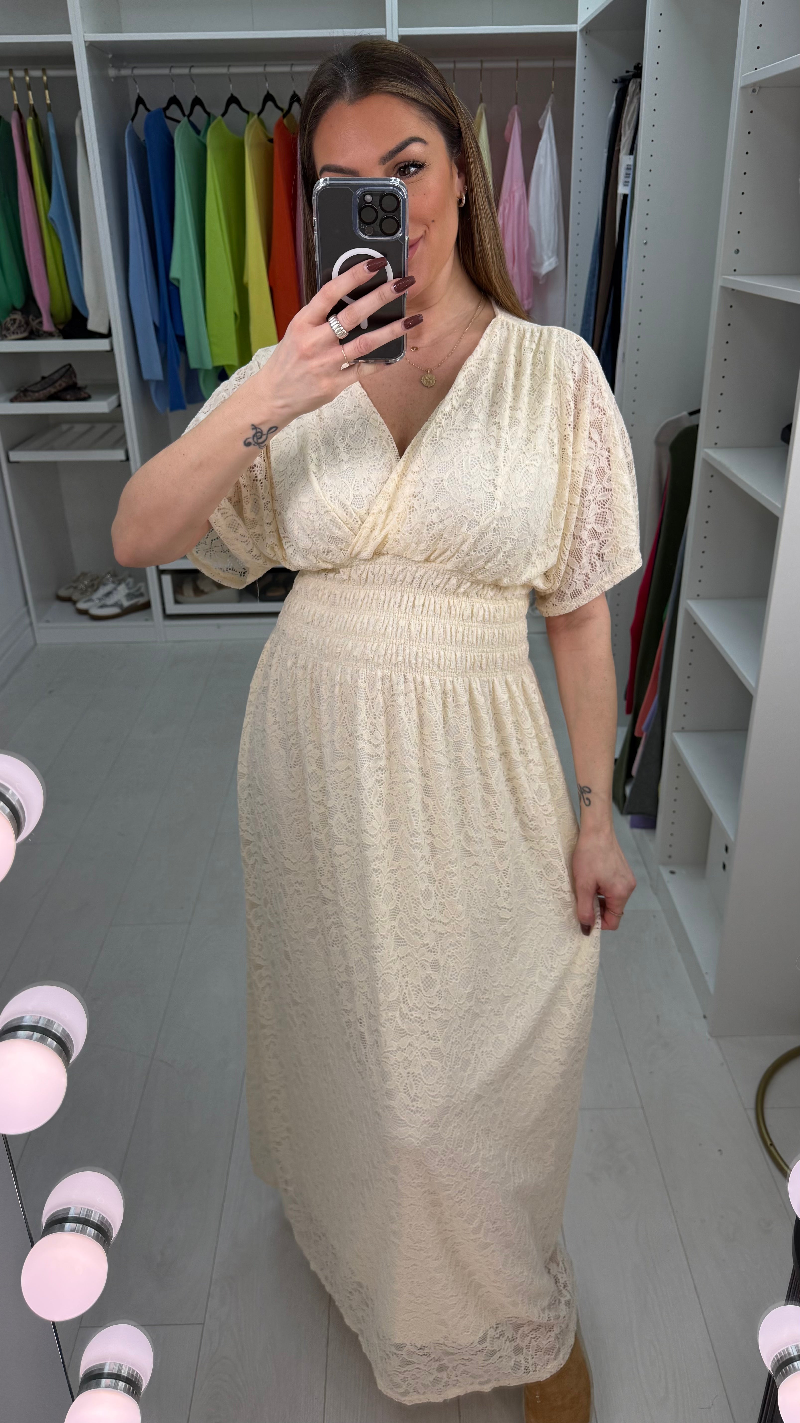 Della Plain Lace Shirred Waist Maxi Dress