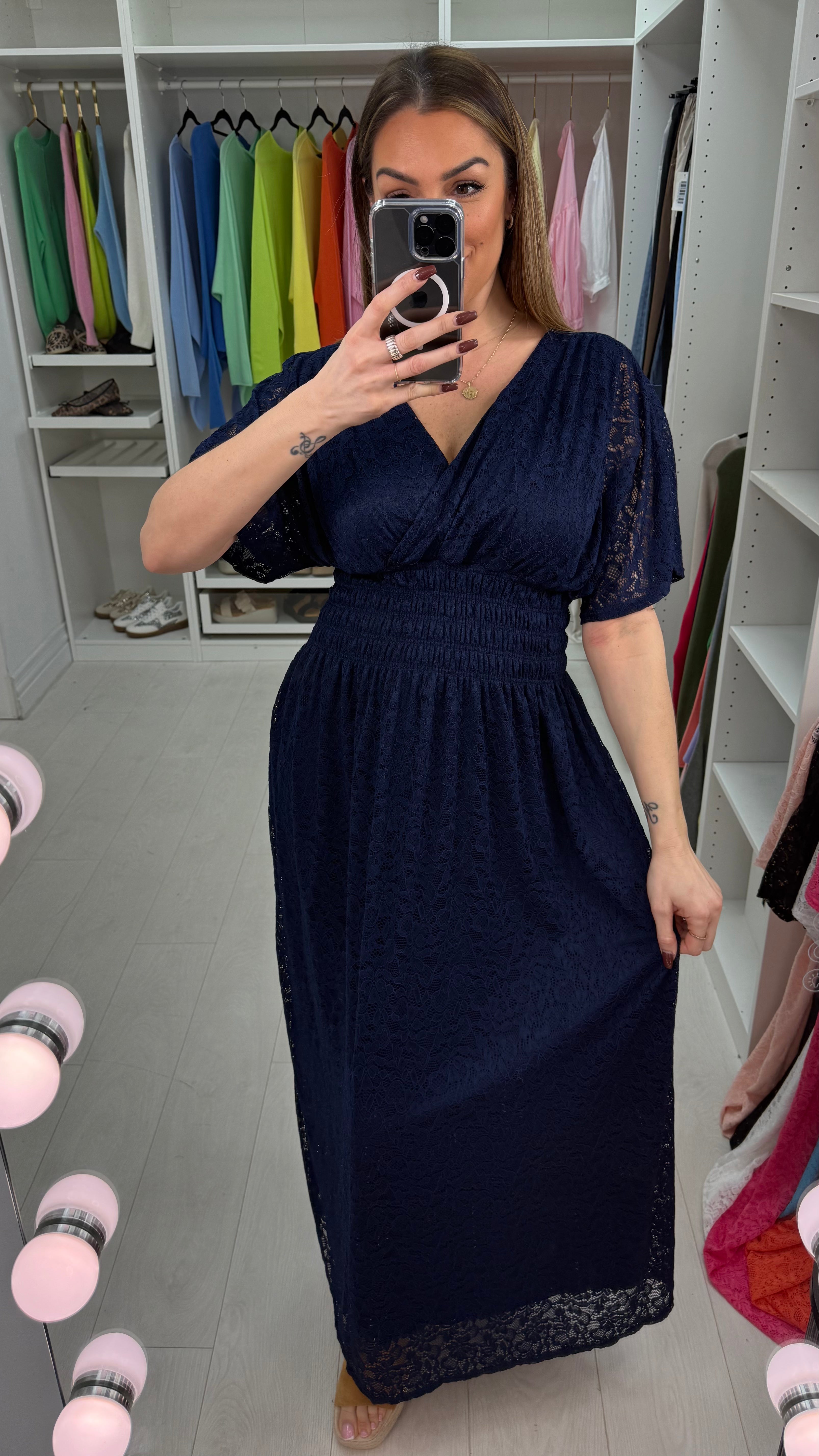 Della Plain Lace Shirred Waist Maxi Dress