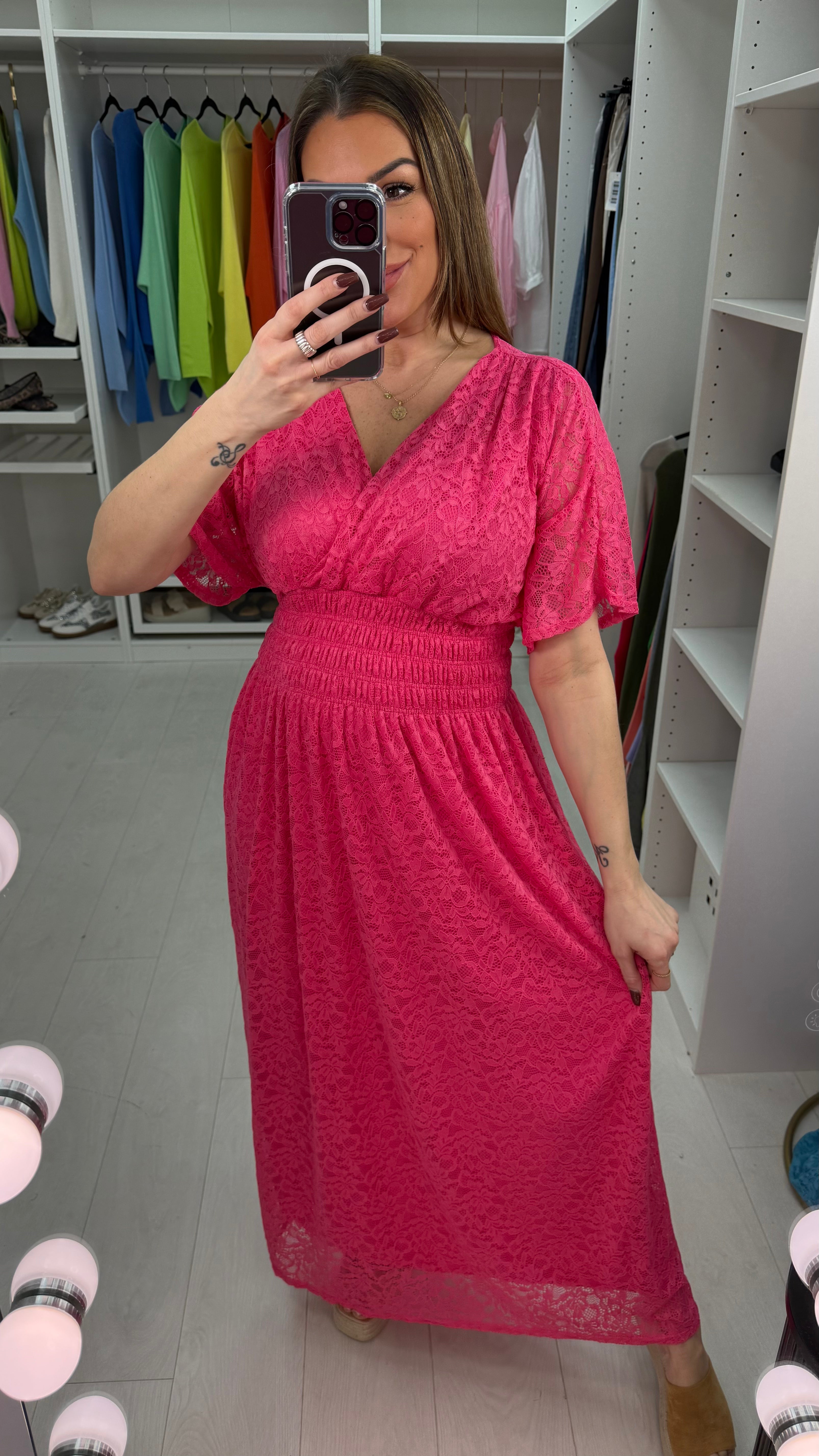 Della Plain Lace Shirred Waist Maxi Dress