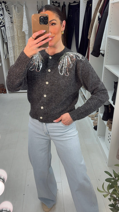 Reby Sequin Embellished Button Front Cardigan