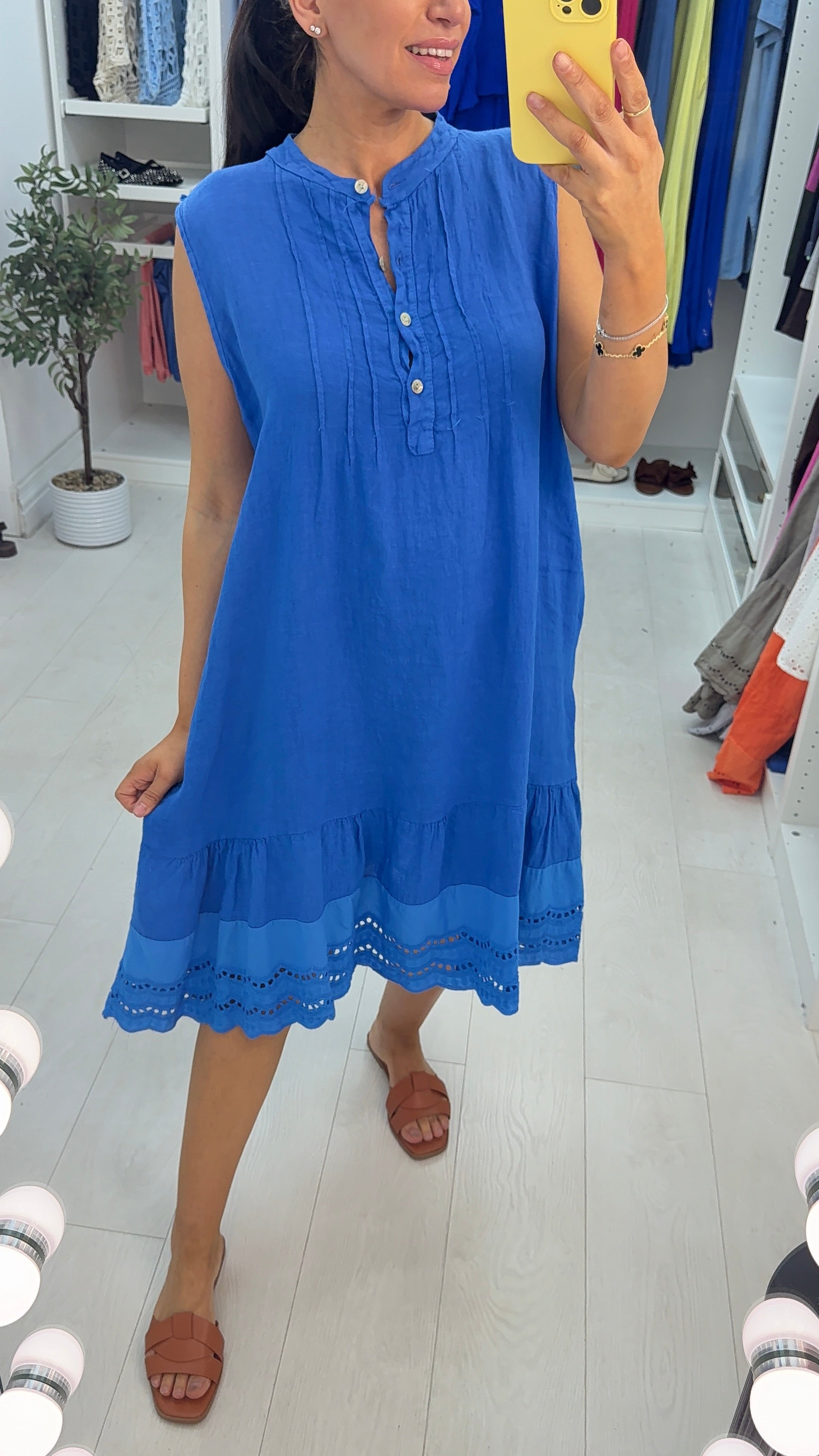 Velma Plain Button Detailed Scalloped Hem Linen Dress