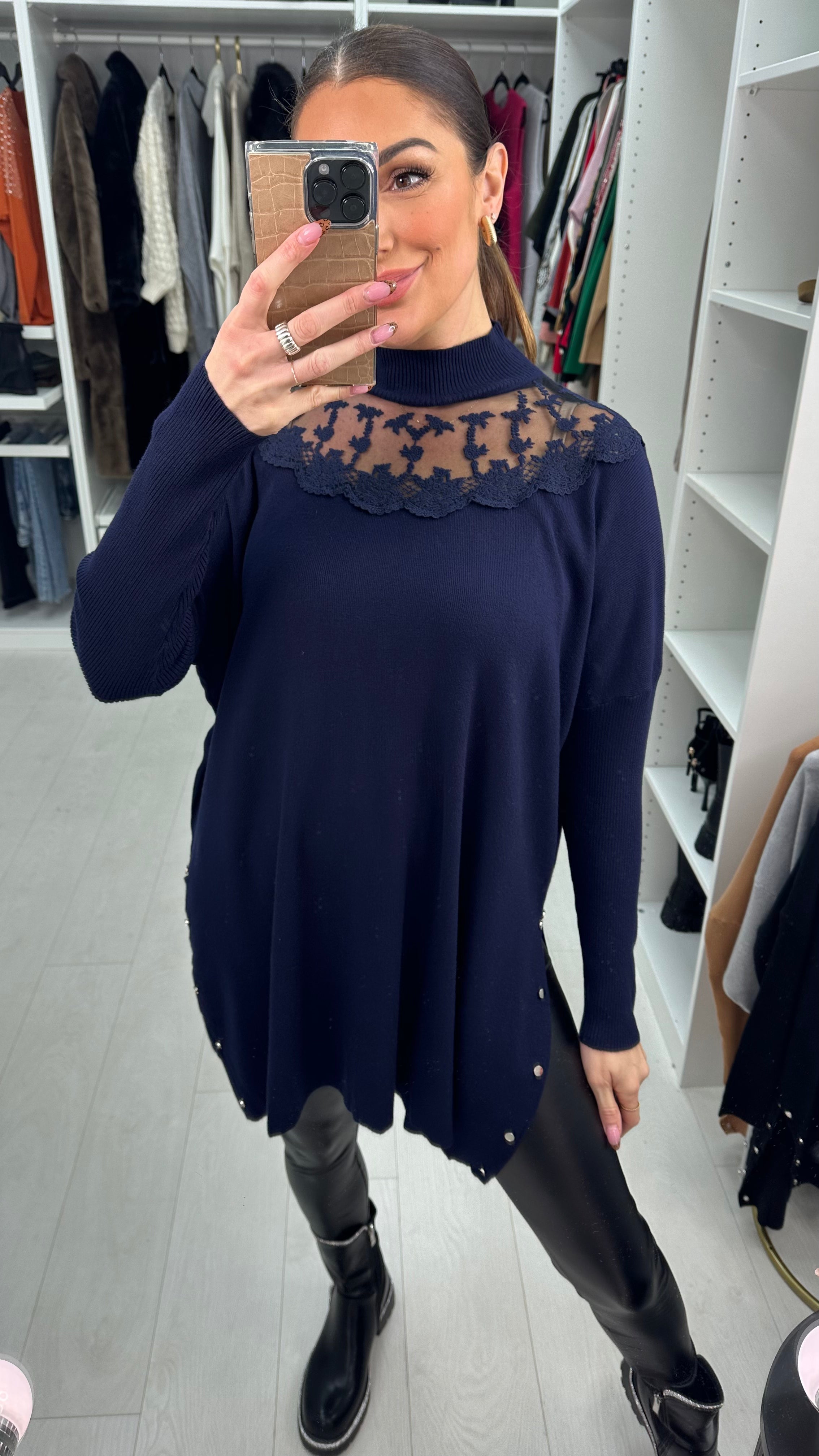 Anastasia Lace Neckline Longline Tunic Jumper