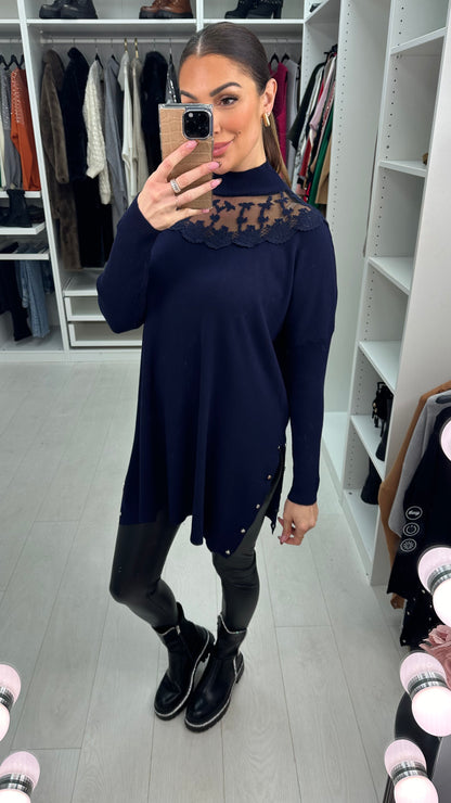 Anastasia Lace Neckline Longline Tunic Jumper